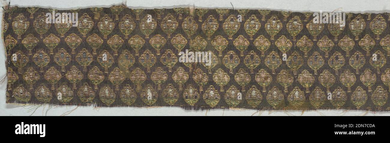 Fragment, Medium: silk Technique: woven, Offset repeat of tightly arranged vegetal or floral forms., Iran, 18th–19th century, woven textiles, Fragment Stock Photo