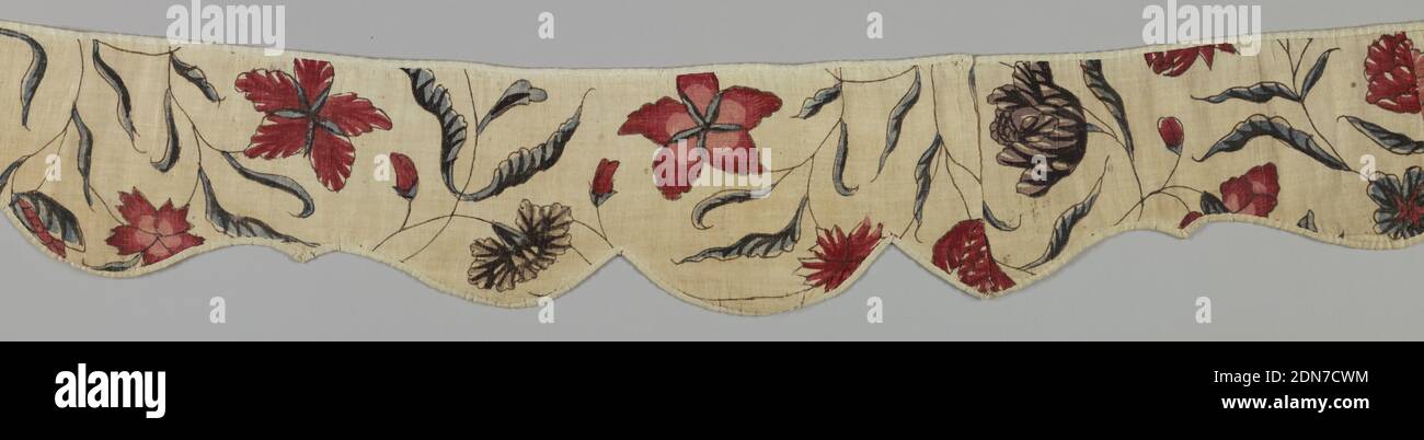 Valance, Medium: cotton Technique: mordant painted and dyed and resist dyed (chintz) on plain weave, Indian chintz. Twelve fragmentary pieces sewn together to form three complete and part of one window valance. Design of flowers - in Indian style - in blue and red outlined in black on white ground., England, 18th century, printed, dyed & painted textiles, Valance Stock Photo