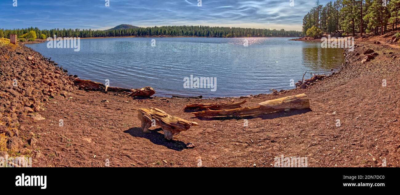 Panorama of Dogtown Lake near Williams Arizona. In the foreground are large pieces of driftwood on the northeast shore of the lake. Stock Photo