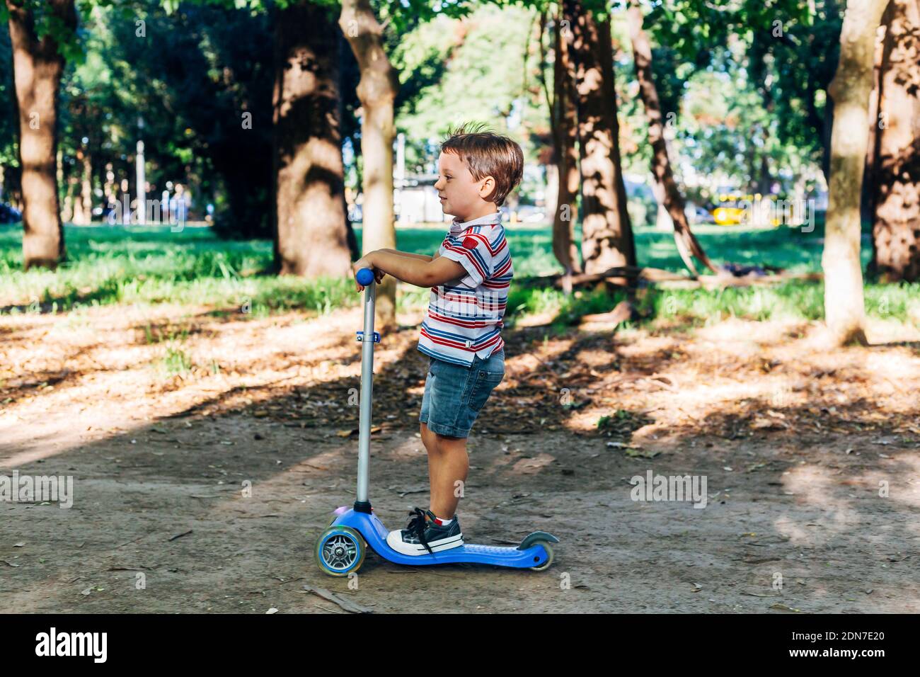 Child on kick scooter in park. Kids learn to skate roller board. Little boy skating on sunny summer day. Outdoor activity for children on safe street. Stock Photo