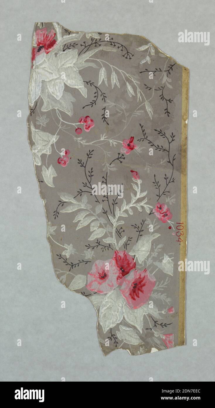 Sidewall, Machine-printed paper, Scattered bouquets of morning-glory with secondary pattern of simple vine forms. Printed in pinks, white and gray on gray ground., USA, 1875–85, Wallcoverings, Sidewall Stock Photo