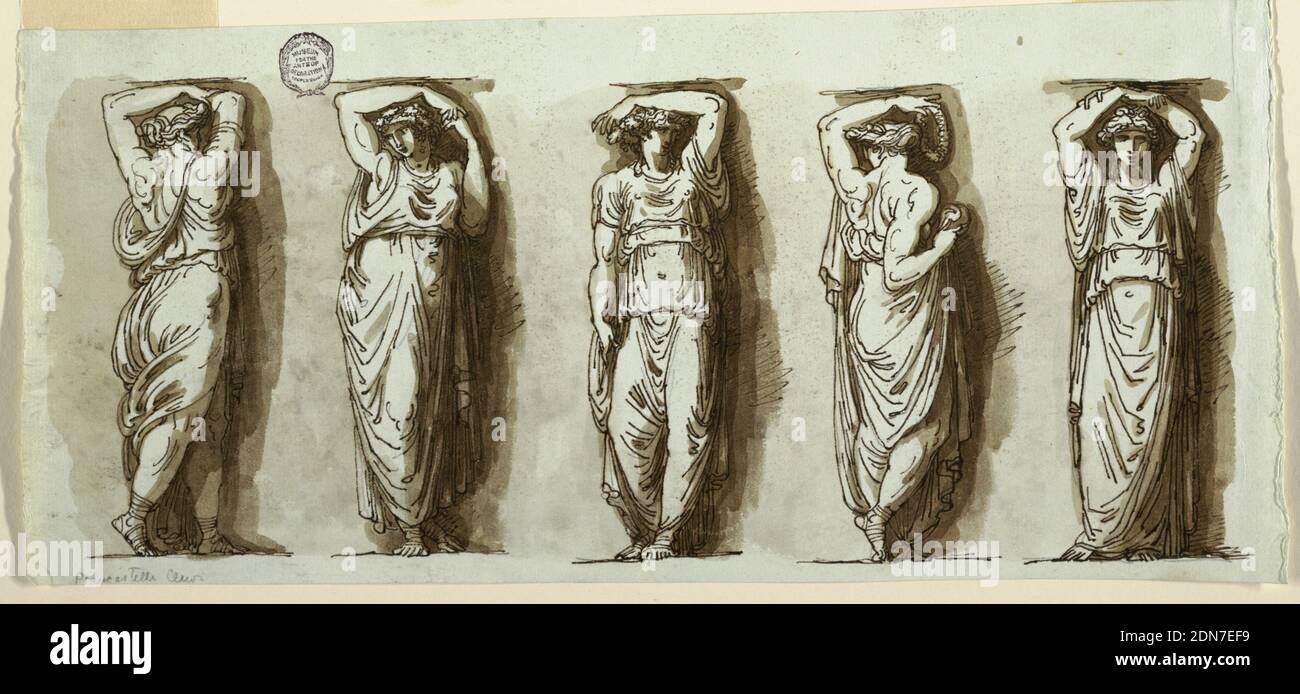Five Caryatids, Felice Giani, Italian, 1758–1823, Pen and brown ink, brush and brown wash over traces of graphite on blue laid paper, Figures, one beside other. First and fourth figures, seen with upper part of bodies from back, legs in profile; Second and fifth figures raise both arms, while third and fourth raise only their left arm., Italy, 1800–1825, architecture, Drawing Stock Photo