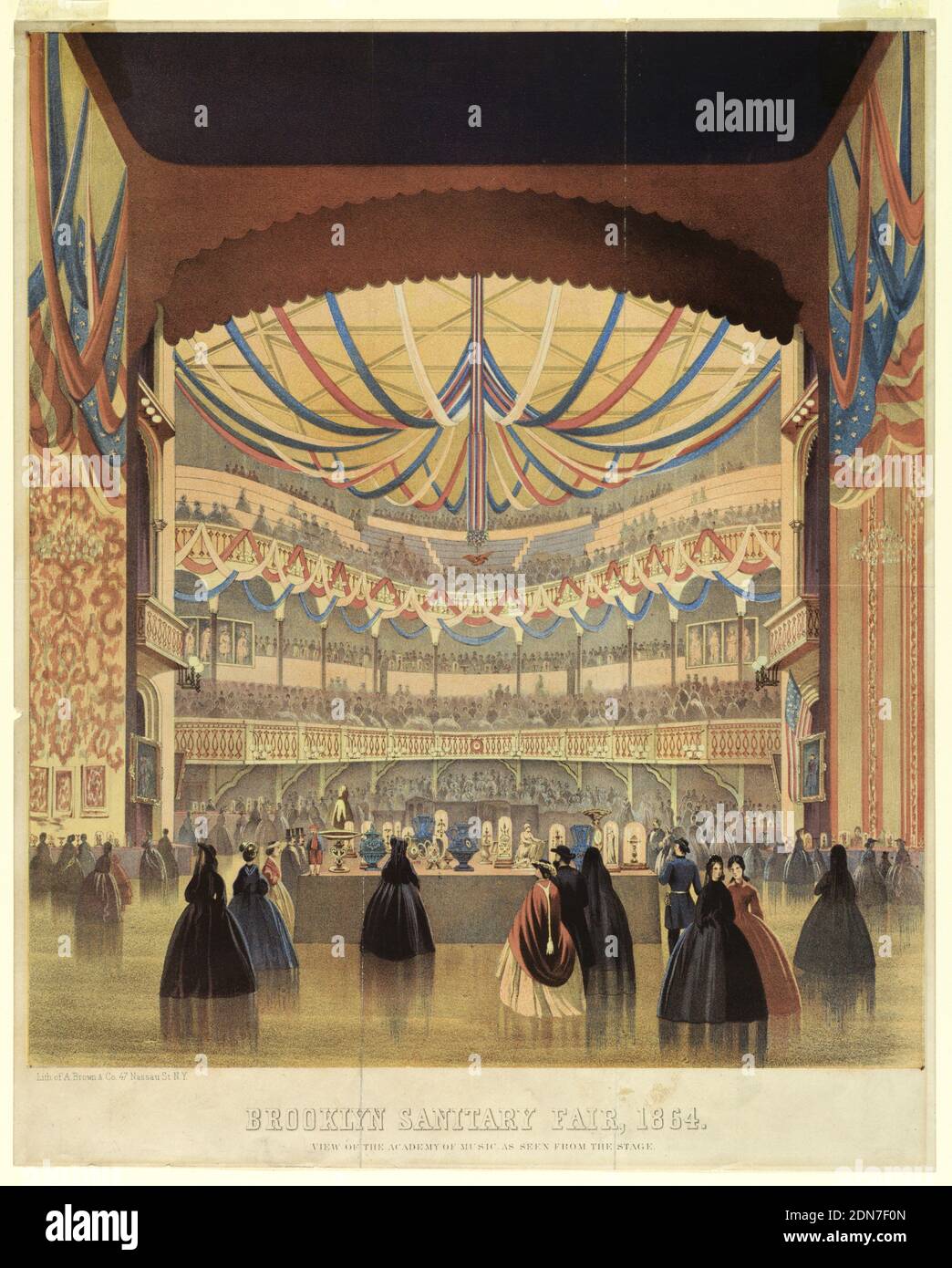 Brooklyn Sanitary Fair of 1864, the Academy of Music, A. Brown and Company, Colored inks, Vertical rectangle. View from the stage showing the display. Spectators stand in the foreground. Below: 'Brooklyn Sanitary Fair, 1864 / View of the Academy of Music as seen from the Stage.', USA, 1864, interiors, Print Stock Photo