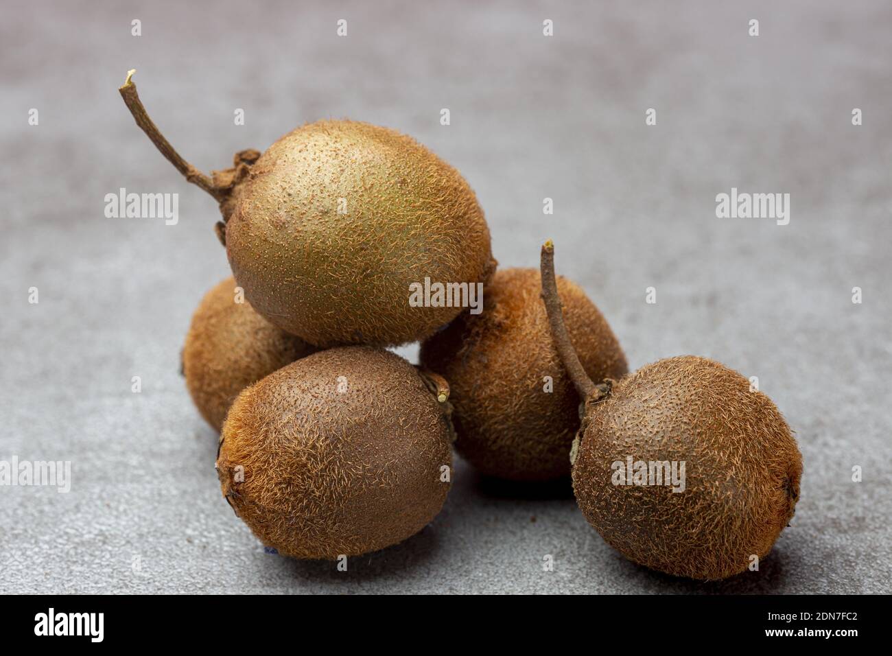 Bunch of tiny kiwifruit of Actinidia Deliciosa Setosa species on a textured surface gray kitchen background Stock Photo
