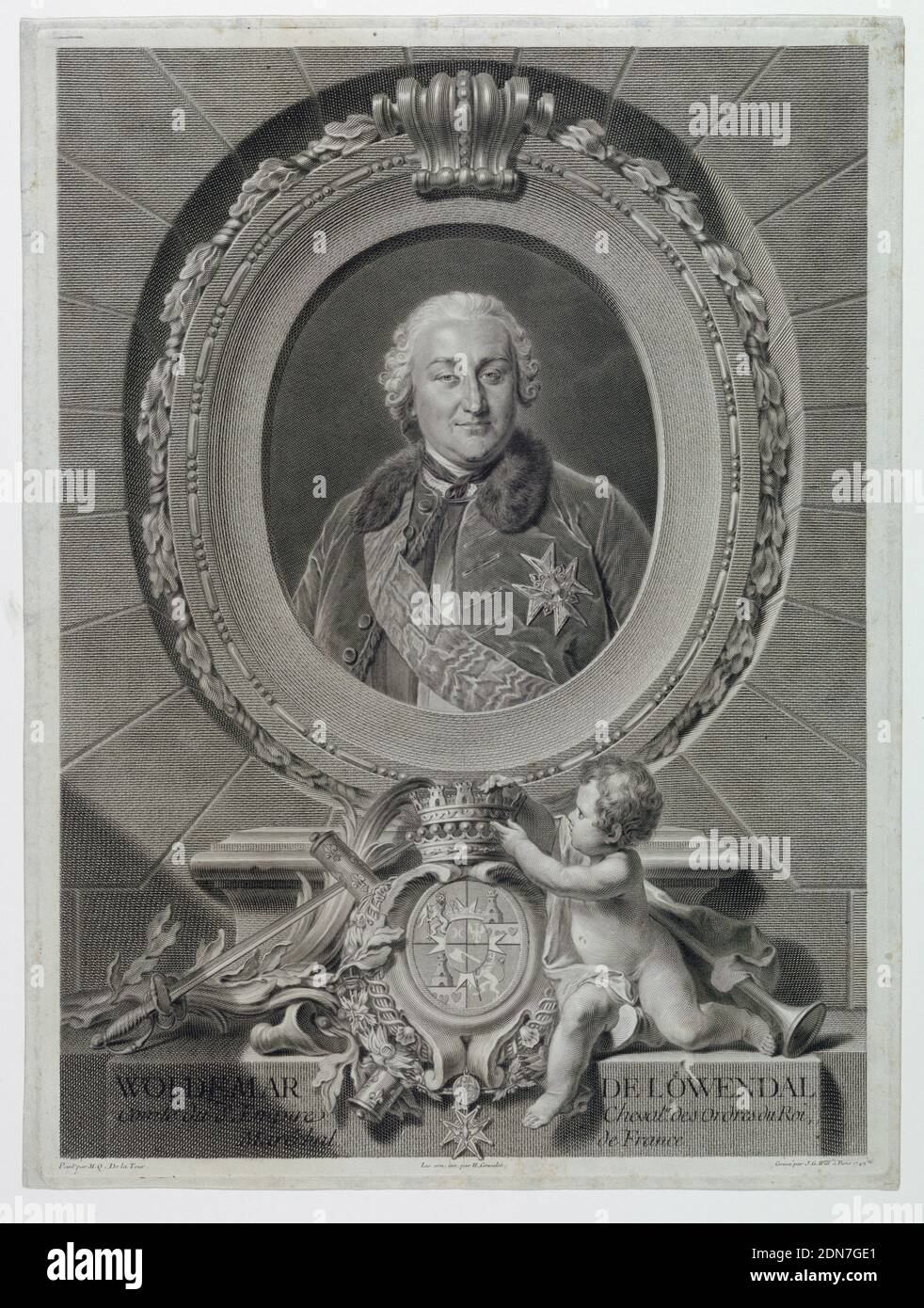 Portrait of Field Marshal Count Waldemar de Loewendal (1700-1755), Johann Georg Wille, German, active France 1715–1808, Maurice-Quentin de La Tour, 1704 – 1788, Gravelot, French, 1699 - 1773, active in England, Engraving on paper, Bust-length portrait of a man, facing the spectator. Enclosed in wide oval frame. Arms and title below. Signed and dated in margin, lower right: 'Gravé par J. G. Will á Paris 1749;' lower center 'Les orn. inv. par H. Gravelot.', Paris, France, 1749, Print Stock Photo