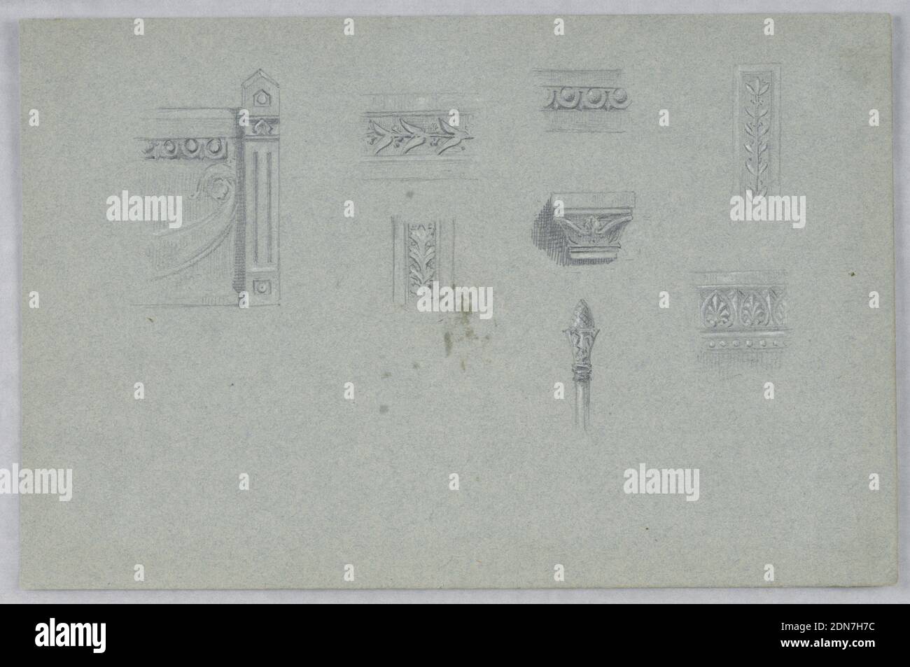 Studies of Architectural Details, Arnold William Brunner, American, 1857–1925, Graphite and white heightening on grey-blue paper, Eight studies of mouldings and wood carvings., USA, ca. 1879, architecture, Drawing Stock Photo