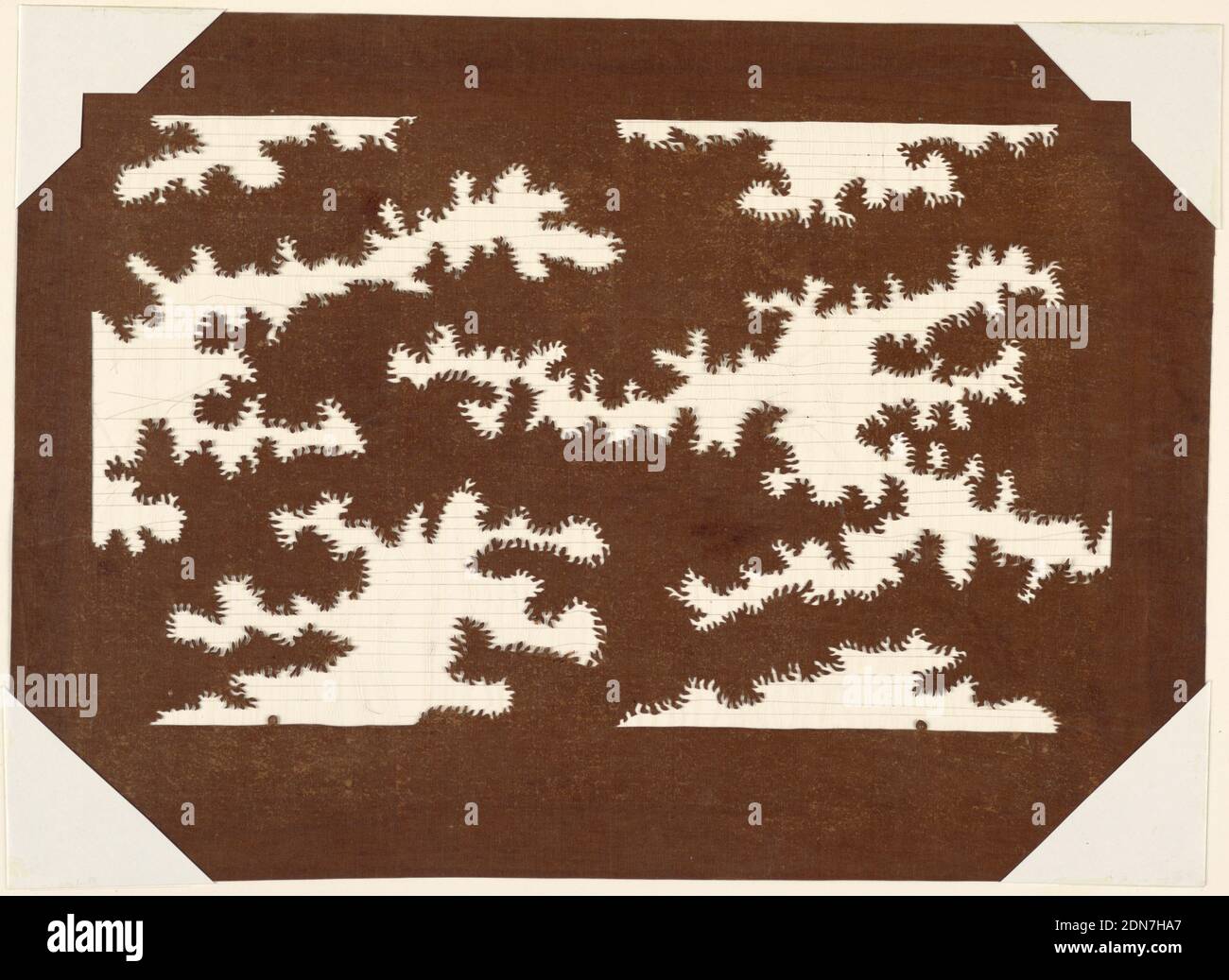 Tree Tops, Mulberry paper (kozo washi) treated with fermented persimmon tannin (kakishibu), and silk threads (itoire), Treetops are carved out, suggesting that the pattern works in both inversely as well. Silk threads are added to support the structure of the threads., Japan, late 18th - early 19th century, textile designs, Katagami, Katagami Stock Photo
