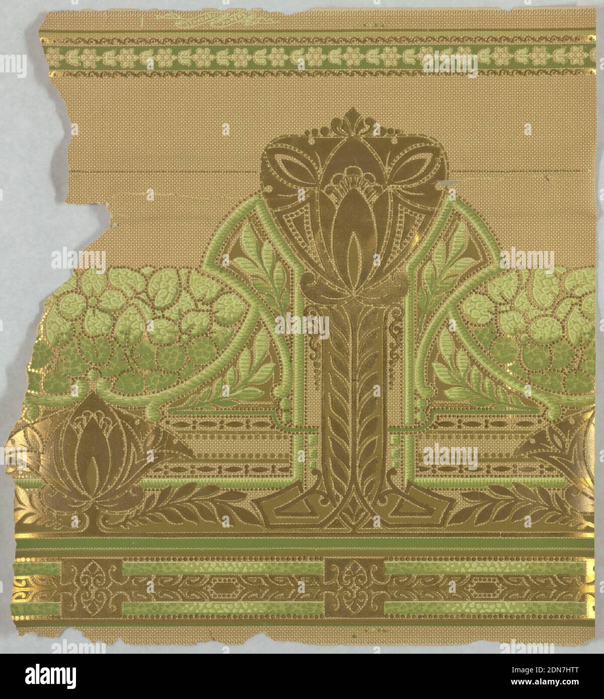 Frieze, Machine-printed, machine made paper, Shaded metallic gold and shades of green over grid of tan lines on ungrounded tan paper, USA, 1890–1910, Wallcoverings, Frieze Stock Photo
