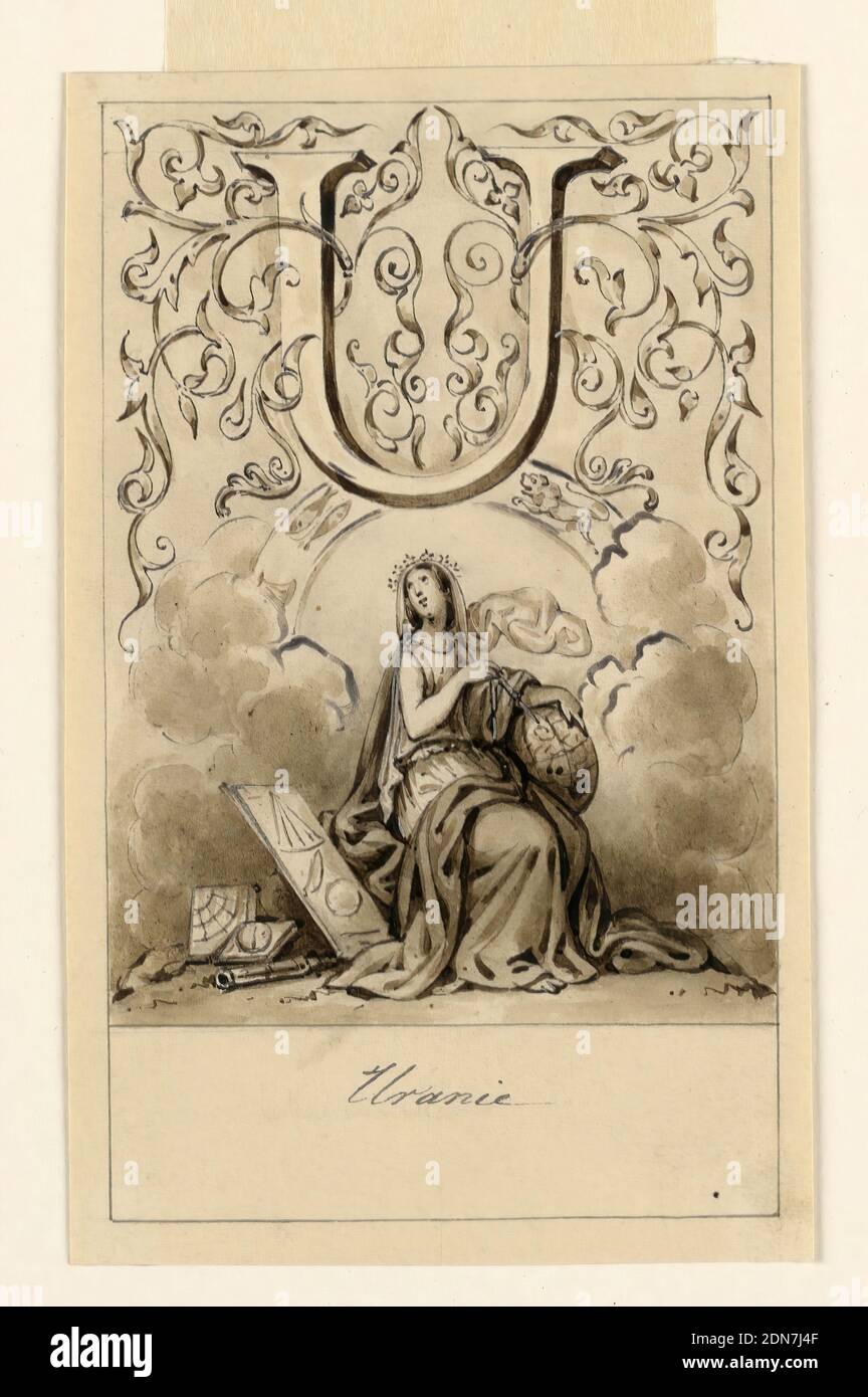 Design for the Letter U of a Pictoral Alphabet: Urania, Victor Vincent Adam, 1801–1866, Graphite, pen and bistre ink, brush and ink wash, with white heightening on cream paper, Letter above, flanked by intertwining rinceau. A woman with attributes of astronomy is seen seated under the zodiac., France, ca. 1830, Drawing Stock Photo