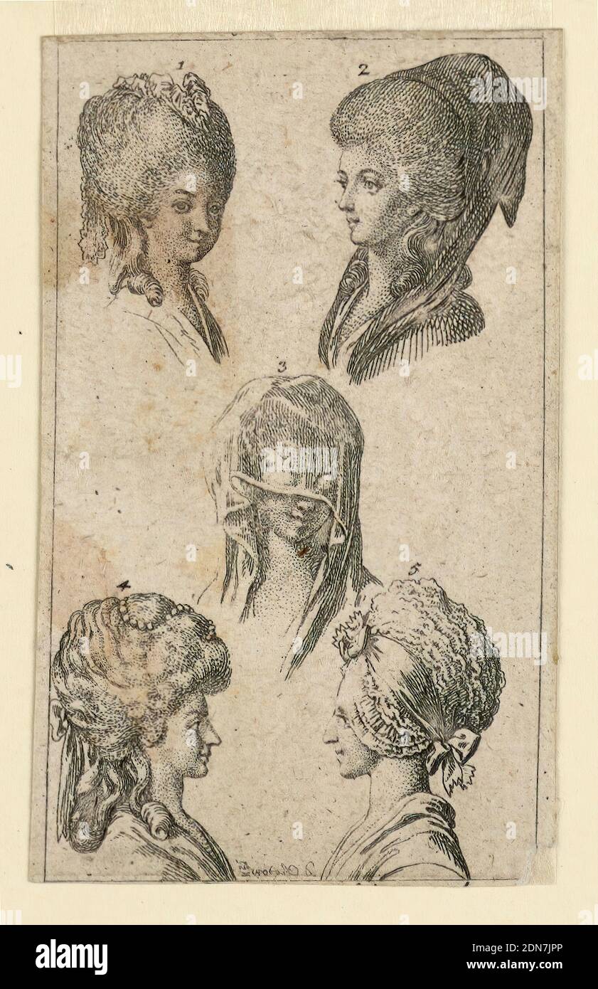 Five Headgears, as Worn by Berlin Women, Illustration for 'Königl: Grosbrit [anische] Genealogischer Kalender auf das 1782 Jahr Lauenberg bey J.G. Berenberg', Daniel Nikolaus Chodowiecki, German, 1726 - 1801, Stipple engraving and etching on paper, Heading and caption cut off. Top row: 1: head with a very small hat. 2: head profile to left, with a scarf. Center: 3: half veiled head. Bottom row: 4: profile to right. A string of pearls and a bow knot in the hair. 5: profile to left, wearing a cap., Germany, 1782, Print Stock Photo