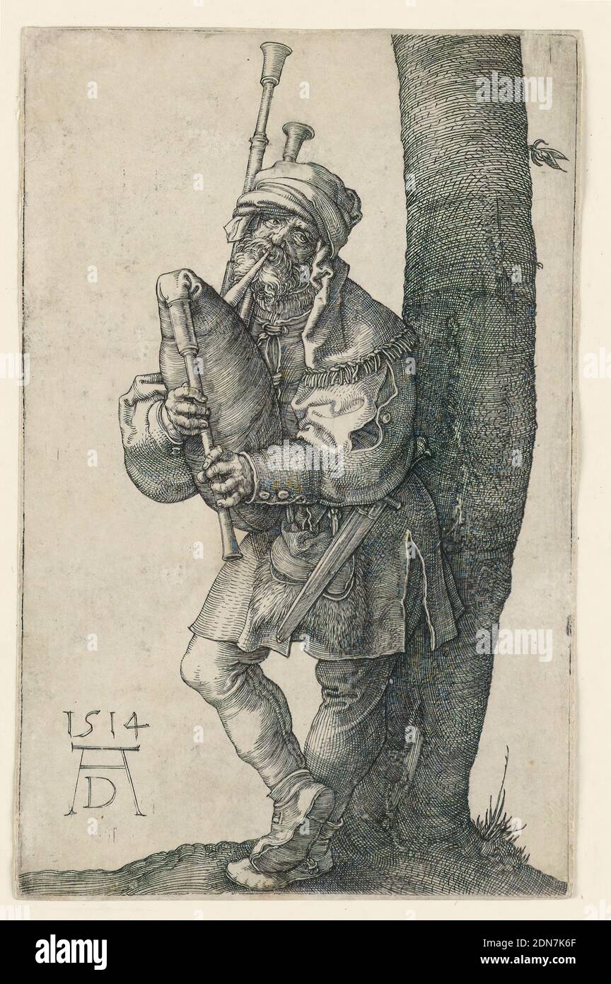 The Bagpiper, Albrecht Dürer, German, 1471–1528, Engraving on laid paper, A man playing bagpipes, leans against a tree. A neutral background., Germany, 1514, figures, Print Stock Photo