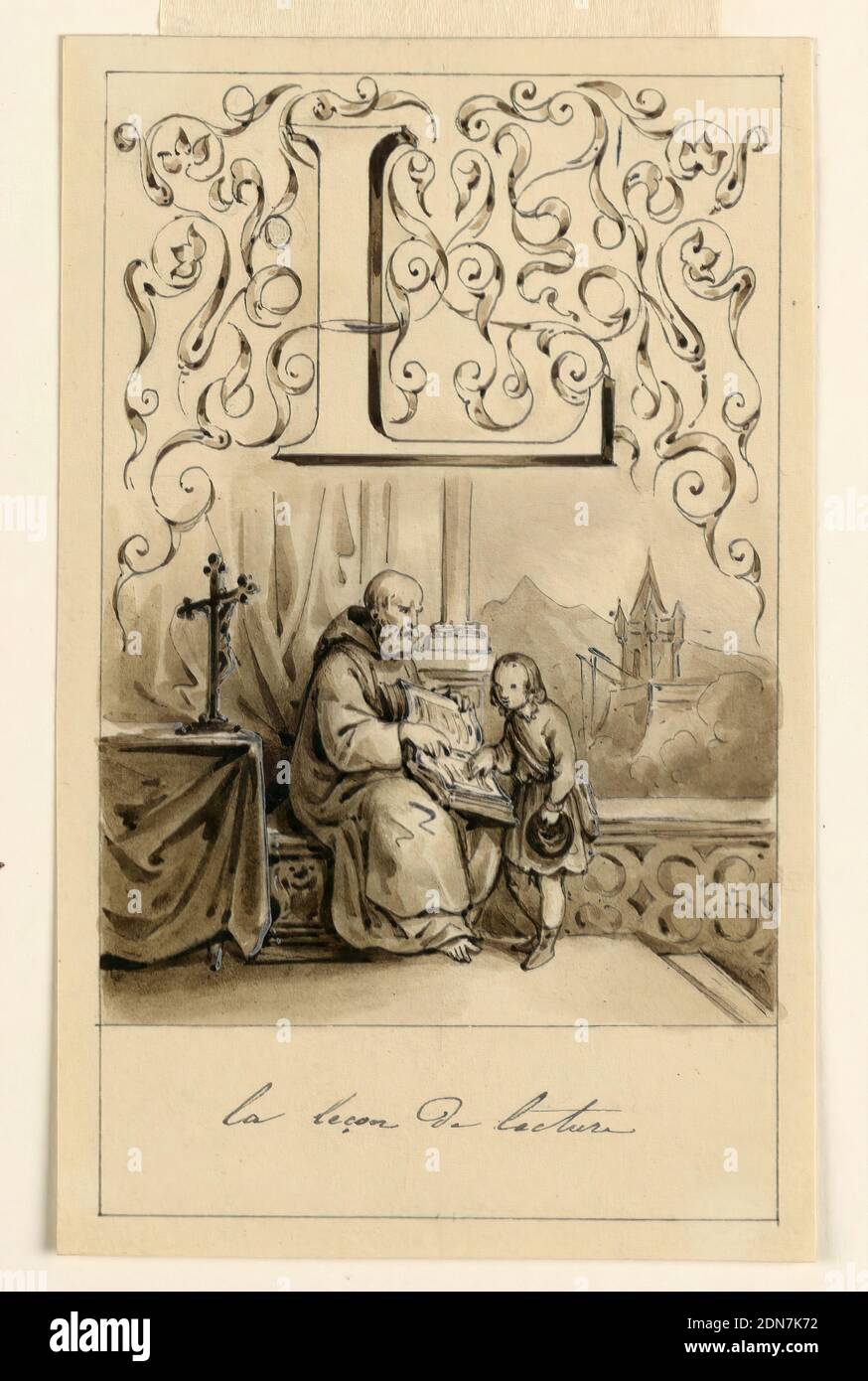 Design for the Letter L of a Pictoral Alphabet: The Reading Lesson, Victor Vincent Adam, 1801–1866, Graphite, pen and bistre ink, brush and ink wash, with white heightening on cream paper, Letter above, flanked by intertwining rinceau. A monk seated in a vestibule is seen teaching a boy how to read. Beyond, a view of the gates to a castle., France, ca. 1830, Drawing Stock Photo