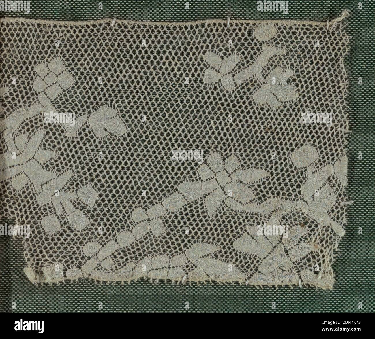 Fragment, Medium: linen Technique: bobbin lace, Border with a picot edge. Design of small, squarish flowering brances. Round mesh., France, late 18th century, lace, Fragment Stock Photo