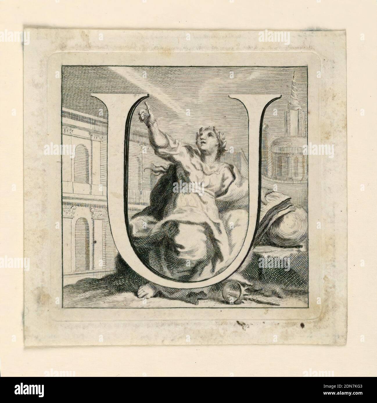 Decorated Capital Letter U, Jakob Frey, Swiss, active Italy, 1681 - 1752, Giovanni Passari, Italian, Engraving on paper, Letter U, before Urania, a woman similar to that as -a. The crest of the Sapienza serves as a background., Rome, Italy, ca. 1715, ephemera, Print Stock Photo