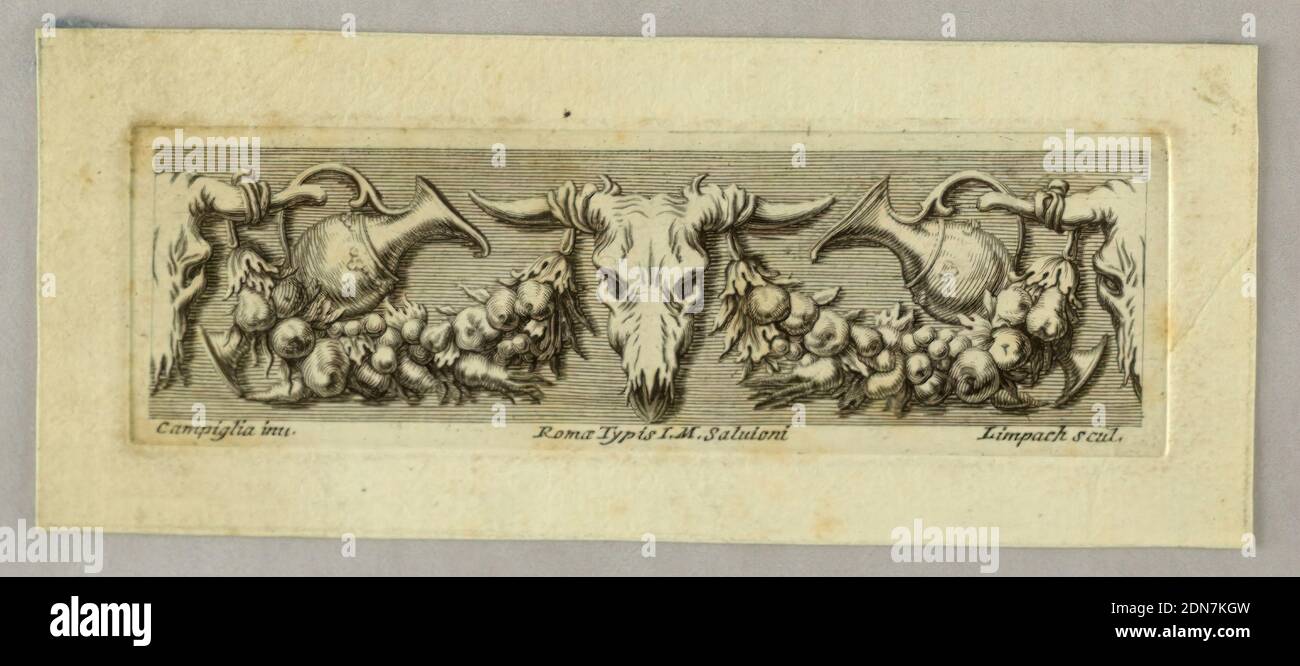 Vignette, Ornamental Frieze, Maximilian Joseph Limpach, Czech, active the 1st half of 18th century, Giovanni Domenico Campiglia, Italian, 1692 - 1775, Engraving on paper, Festoons and pitchers suspended from bucrania., Europe, Rome, Italy, ca. 1730, Print Stock Photo