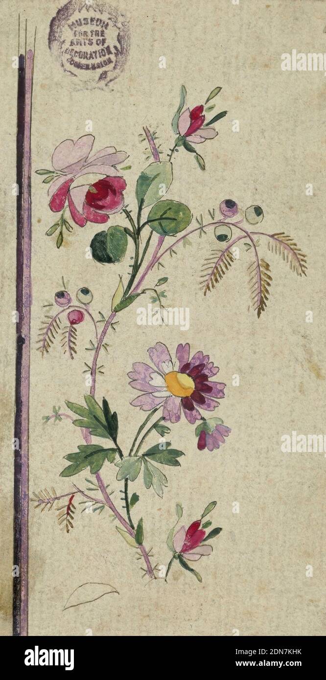 Design for an Embroidery Motif, Pen and ink, brush and gouache on paper, Rising flower rinceau, two waves forming the repeat. Purple and black strips at left., France, 1790–1800, Drawing Stock Photo