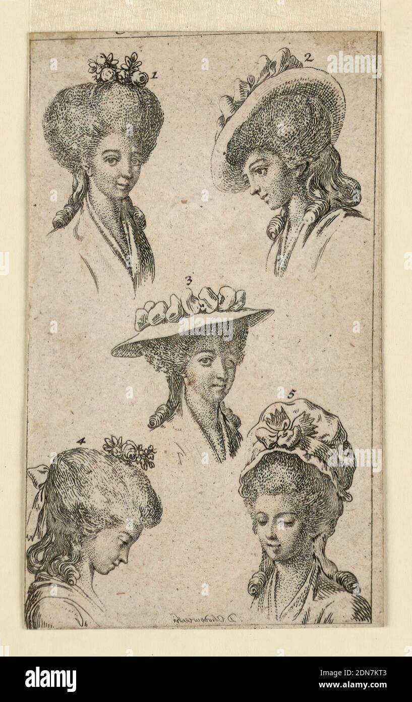 Five Headgears, as Worn by Berlin Women, Illustration for 'Königl: Grosbrit [anische] Genealogischer Kalender auf das 1783 Jahr Lauenberg bey J.G. Berenberg', Daniel Nikolaus Chodowiecki, German, 1726 - 1801, Stipple engraving and etching on paper, The heading - except for the bottom slope of C - and the caption cut off. Top row: 1: hairdo with roses. 2: lowered head, in profile, to left, with a hat with ribbons. Center: 3: head in three-quarter profile with ribbon. Bottom row: 4: lowered head, in profile, to right, a rose in the hair. 5: head with a cap., Germany, 1782, Print Stock Photo