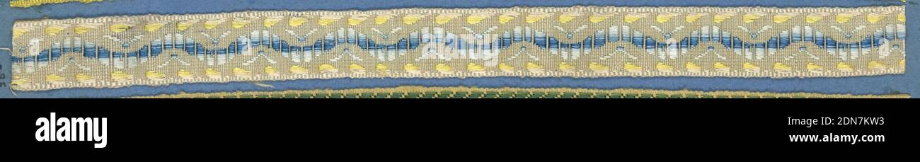 Trimming, Medium: silk Technique: woven, Trimming fragment with a central wavy blue band between yellow leaf borders on a tan ground., France, 19th century, trimmings, Trimming Stock Photo
