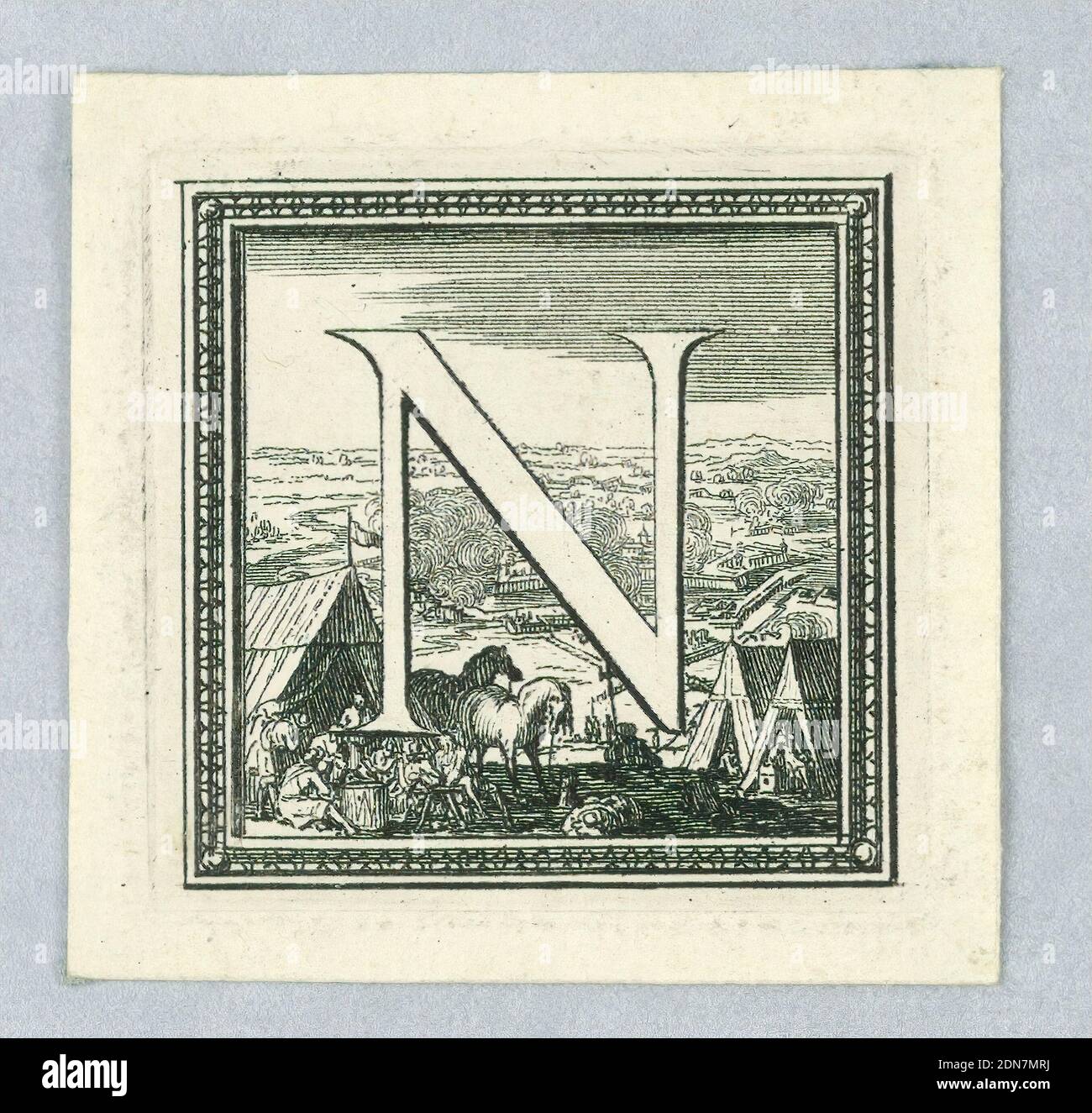Figural Letter, Capital N from a Story of Louis XIV of France, Etching with engraving on paper, Shown against a representation of camp liffe. A town is besieged in the distance. Moulded frame., Europe, France, ca. 1700, Print Stock Photo