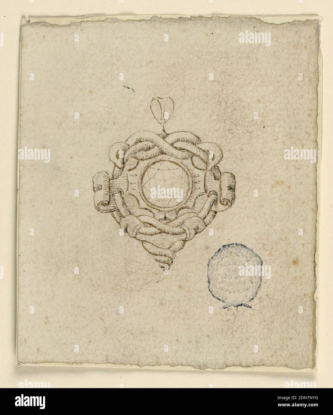 Design for a Pendant, Pen and sepia on paper, A circular diamond is framed by two snakes, strapwork serve as handles, by which the chain is fastened. Below is a diamond., Italy, 1850–75, jewelry, Drawing Stock Photo