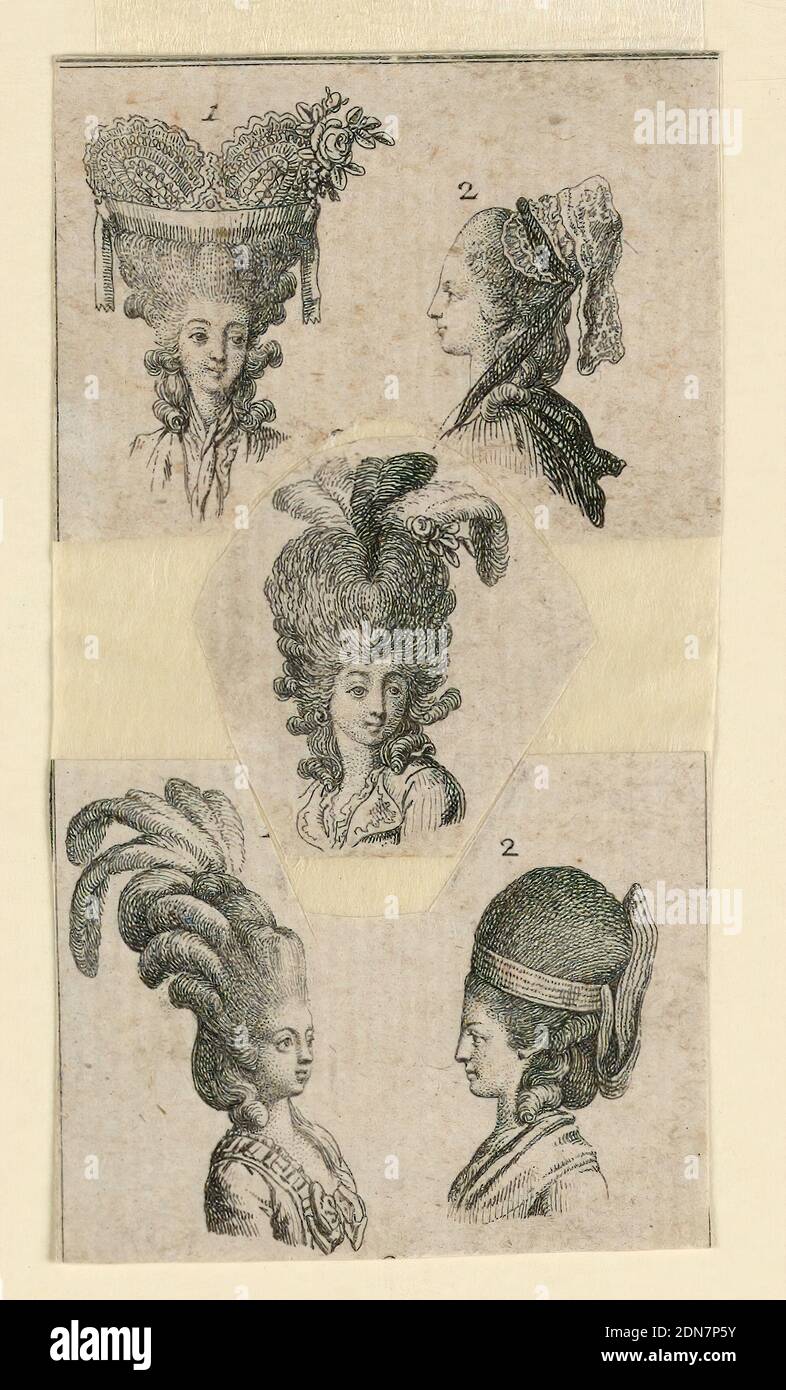 Five Headgears, Daniel Nikolaus Chodowiecki, German, 1726 - 1801, Etching on paper, Five headgears, pasted together from three different prints. Three hairdos with feathers., Germany, ca. 1782, Print Stock Photo