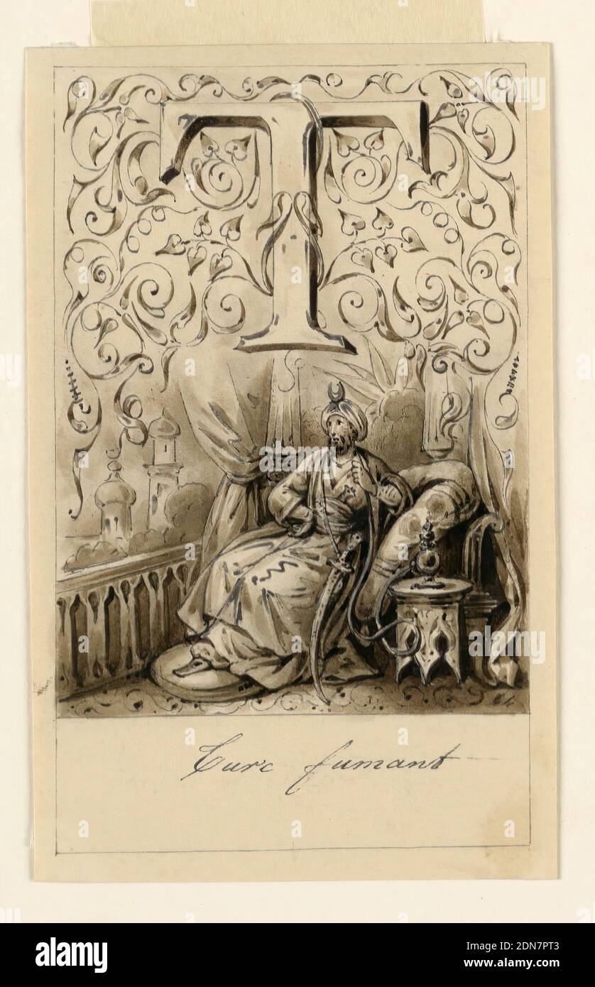 Design for the Letter T of a Pictoral Alphabet: Turk, Victor Vincent Adam, 1801–1866, Graphite, pen and bistre ink, brush and ink wash, with white heightening on cream paper, Letter above, flanked by intertwining rinceau. A Turk in rich attire is seen seated in a loggia smoking a hookah., France, ca. 1830, Drawing Stock Photo