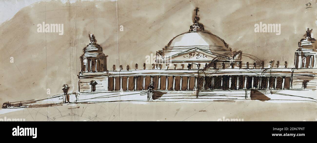 Mausoleum (or Library), Giuseppe Barberi, Italian, 1746–1809, Pen and brown ink, brush and brown wash, graphite on off-white laid paper, A variation of the design -1128, the plan of the surrounding colonnade being square with steeples in the corners. Originally a part of the same sheet as -1132. Colored background. The design was first made on a smaller scale, and lower., Italy, Rome, Italy, 1795, architecture, Drawing Stock Photo