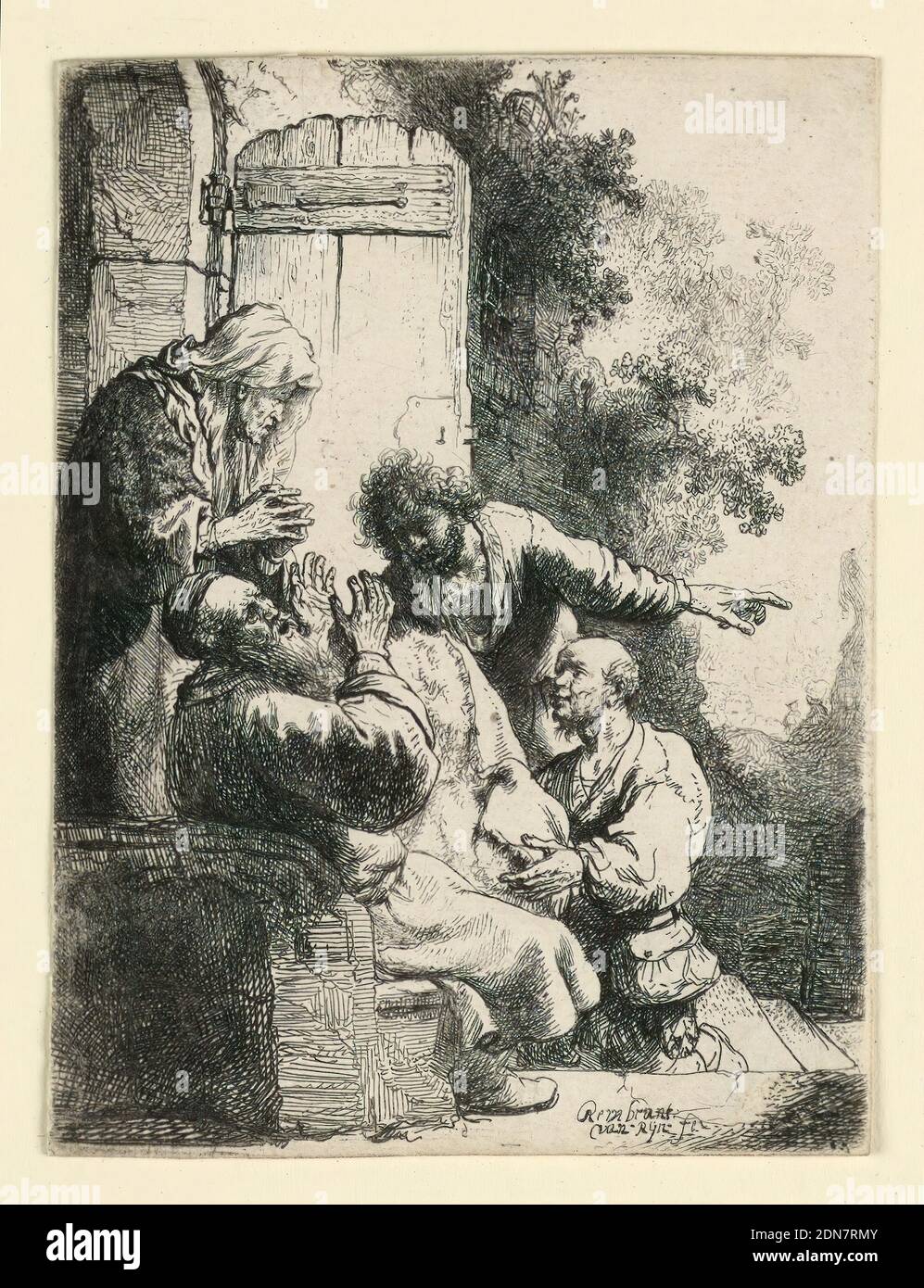 Joseph's Coat Brought to Jacob, Rembrandt Harmensz van Rijn, Dutch, 1606–1669, Etching on laid paper, Jacob is seated, left, before the open door of his house. He holds up his hands in grief at seeing the cloak of his son, brought to him by two other sons. One of them points towards the distance with his left hand., Netherlands, ca. 1633, figures, Print Stock Photo