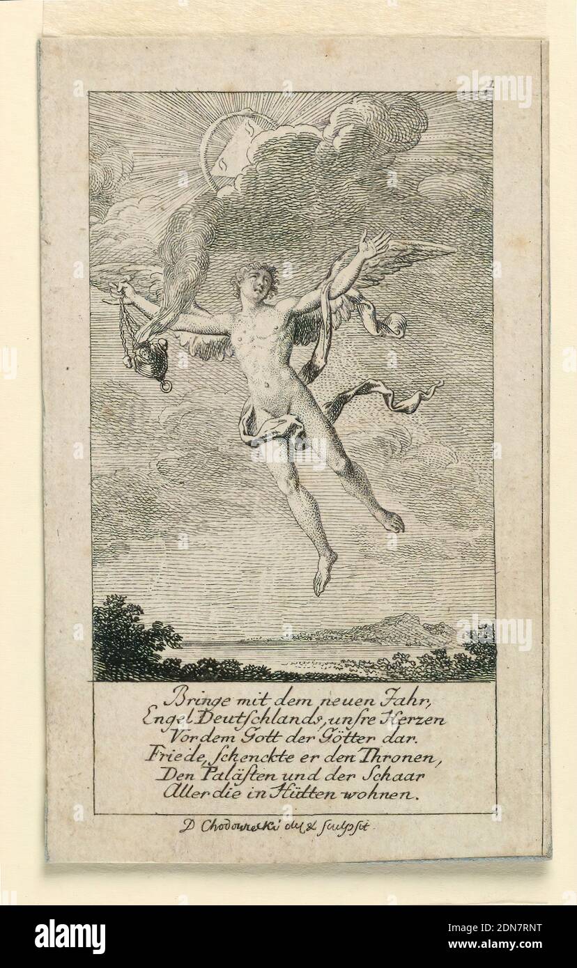New Year's Wish for Germany, Illustration for 'Königl: Grosbrit [anische] Genealogischer Kalender auf das 1780 Jahr Lauenberg bey J.G. Berenberg', Daniel Nikolaus Chodowiecki, German, 1726 - 1801, Stipple and line engraving on paper, An angel is asked to submit the prayer for peace to God. At right: line separating the prints on the sheet., Germany, 1779, Print Stock Photo