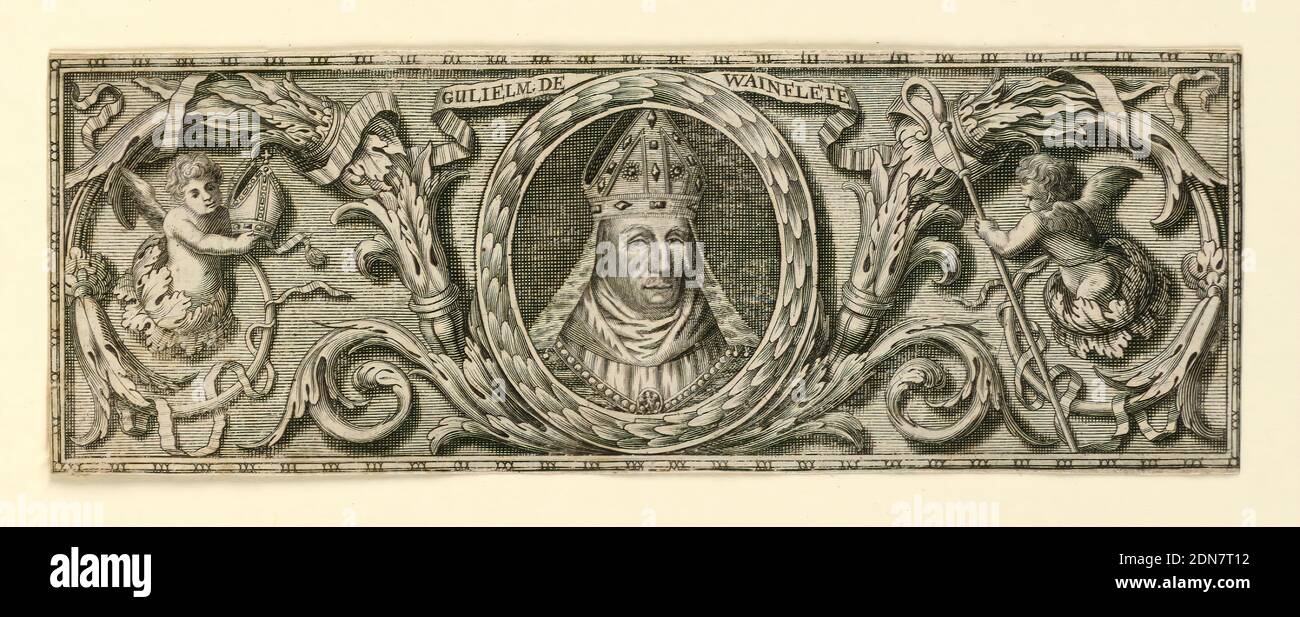 Portrait of Bishop William of Wainelete, Engraving on paper, Head-piece from a book. Set in an ornamental rinceaux terminating in putti holding crozier and mitre is an oval portrait head of a bishop., France, ca. 1660-1670, Print Stock Photo