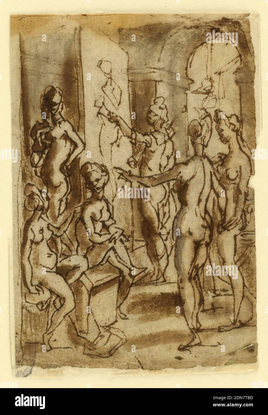 Zeuxis painting Helen, Jan van der Straet, called Stradanus, Flemish, 1523–1605, Pen and brown ink, brush and wash on paper, Zeuxis paints with his left hand a back view. The figures of two girls at the corners of the platform. Two more standing at right. They are wearing headgear. Framing line at left., Netherlands, 1590–1599, figures, Drawing Stock Photo