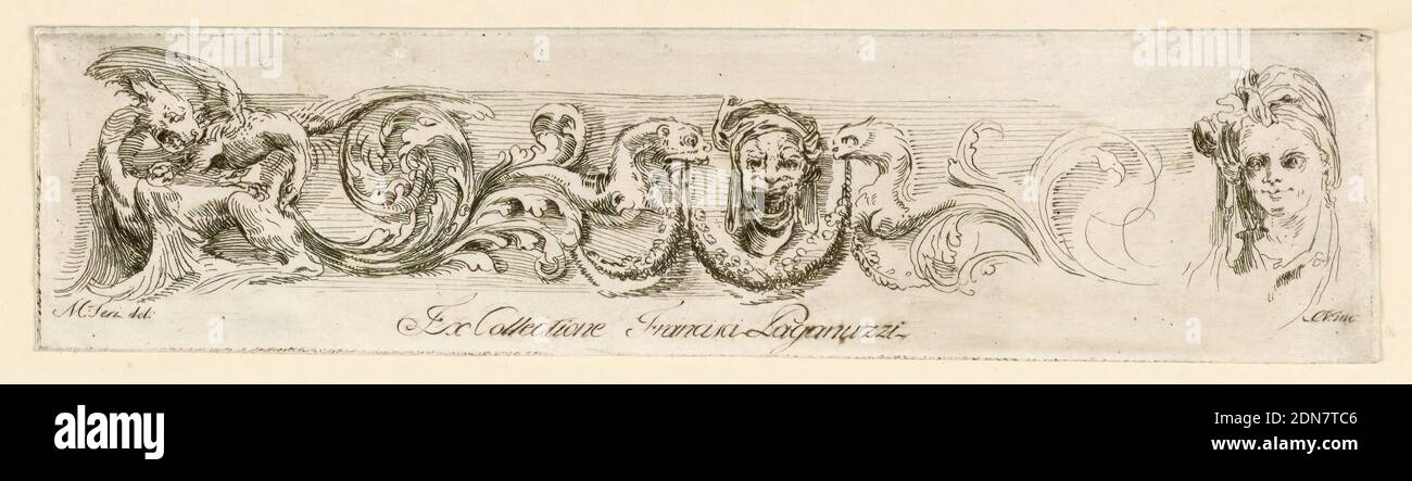 Frieze and Masks, Mauro Antonio Tesi, Italian, 1730 - 1766, etching on laid paper, Italy, mid- 18th century, Print Stock Photo