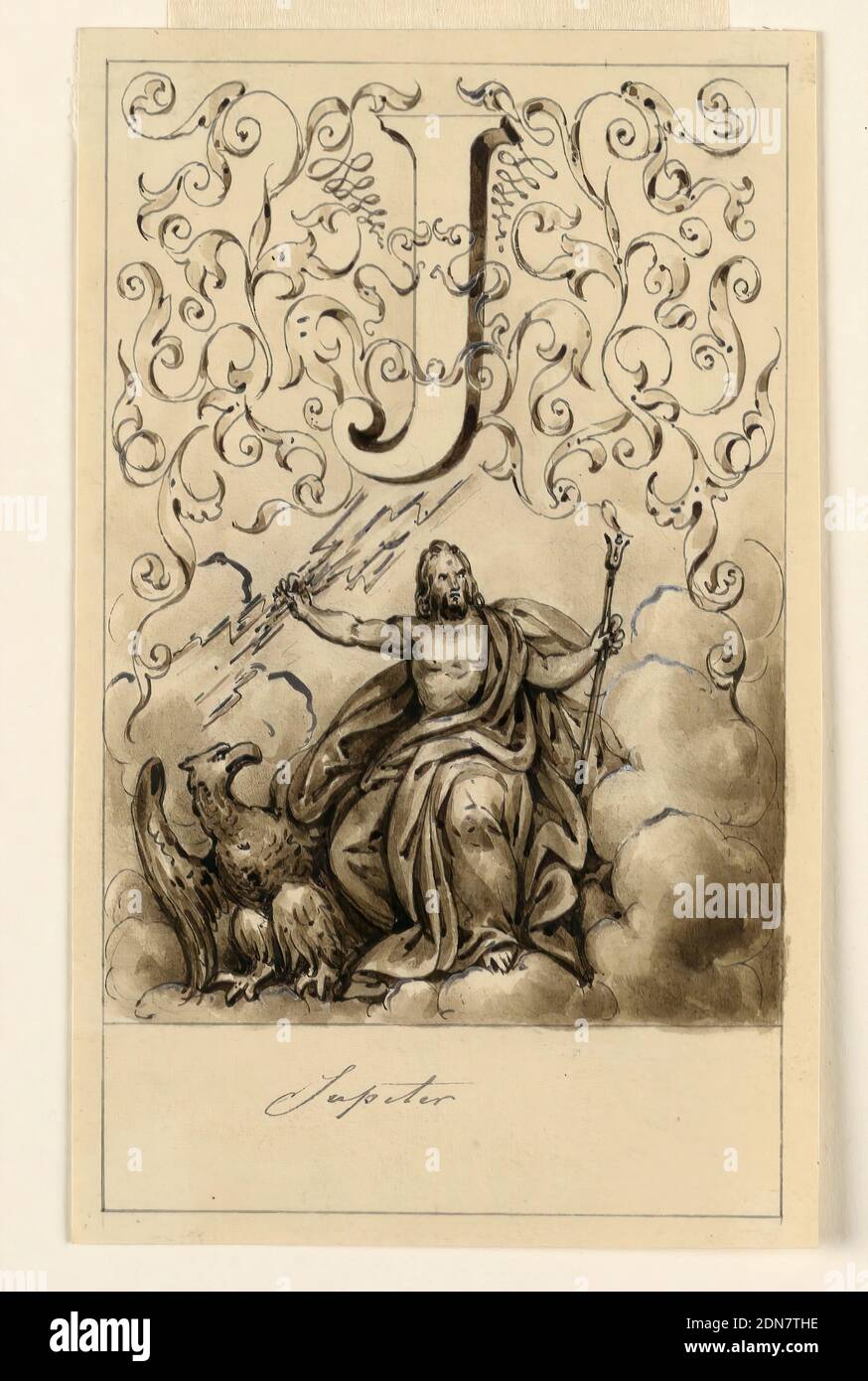 Design for the Letter J of a Pictoral Alphabet: Jupiter, Victor Vincent Adam, 1801–1866, Graphite, pen and bistre ink, brush and ink wash, with white heightening on cream paper, Letter above, flanked by intertwining rinceau. Jupiter is seen seated on clouds holding a thunderbolt and mace; the eagle is beside him., France, ca. 1830, Drawing Stock Photo