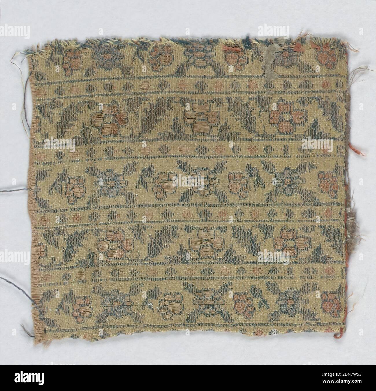Fragment, Medium: silk Technique: woven, Light brown fragment with horizontal rows filled with flower heads and leaves in pale muted tones of blue, orange and green., possibly Turkey, 19th century, woven textiles, Fragment Stock Photo