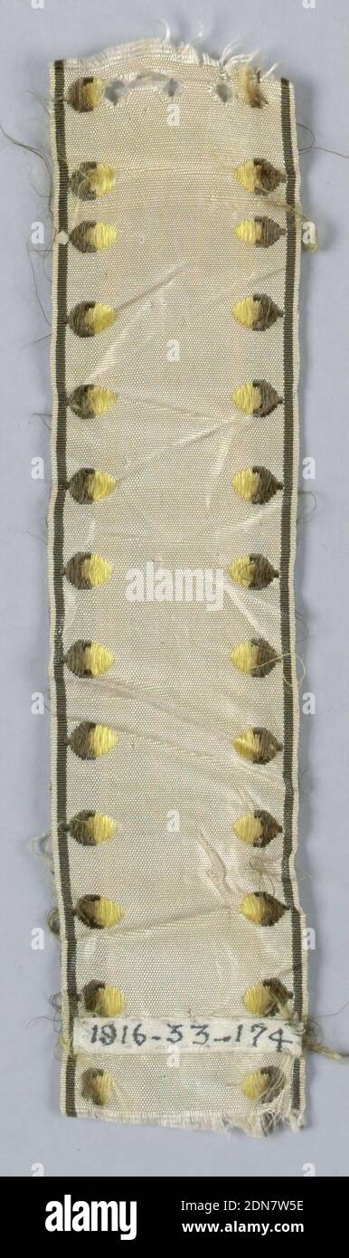 Ribbon, Medium: silk Technique: taffeta, brocading, Piece of light tan ribbon with a border design of birds in brown and yellow., France, 1850–1900, woven textiles, Ribbon Stock Photo