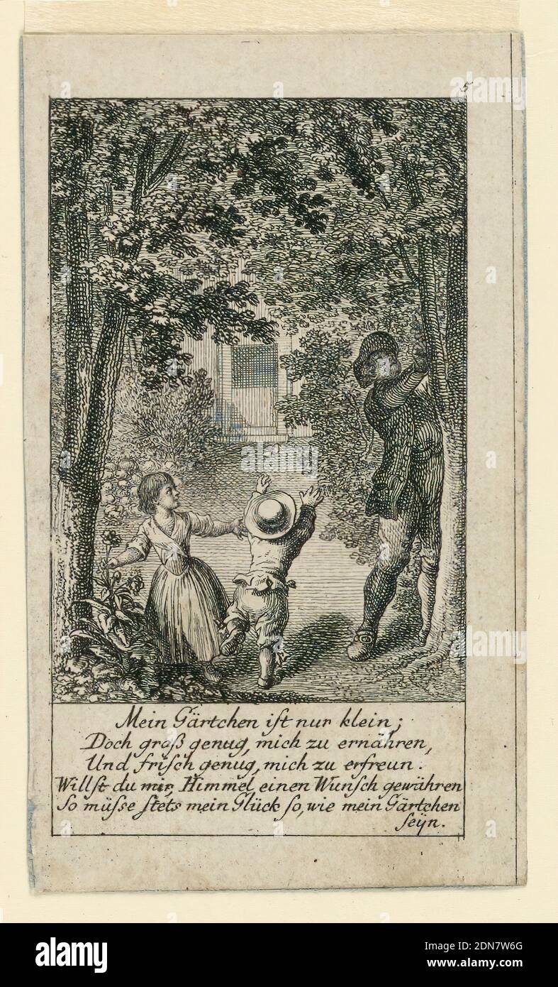 Prayer for Happiness, Illustration for 'Königl: Grosbrit [anische] Genealogischer Kalender auf das 1780 Jahr Lauenberg bey J.G. Berenberg', Daniel Nikolaus Chodowiecki, German, 1726 - 1801, Stipple and line engraving on paper, A man and two children in a garden. The poem says that the gardem, though small, is big enough to deliver sufficient food and fresh enough for the speaker t o enjoy. He prays that his happiness be like his garden. Vertical line separating the prints on the sheet as -355., Germany, 1779, Print Stock Photo