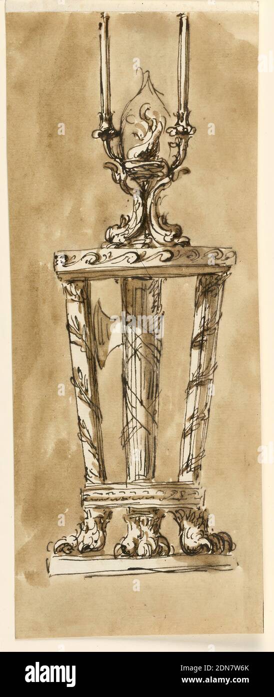 Console table with candlestick, Giuseppe Barberi, Italian, 1746–1809, Pen and brown ink, brush and brown wash on off-white laid paper, lined, The legs have eagle's feet. The central one has the shape of fasces, with the ax turned toward left; the lateral ones are round posts surrounded by a garland. The legs are connected above the feet. Upon the table stands a candlestick. Upright dolphins supported with their tails a bowl in which a dolphin stands upright. From the rim spring two branches, each one with a candle. Usual background., Rome, Italy, ca. 1795, furniture, Drawing Stock Photo