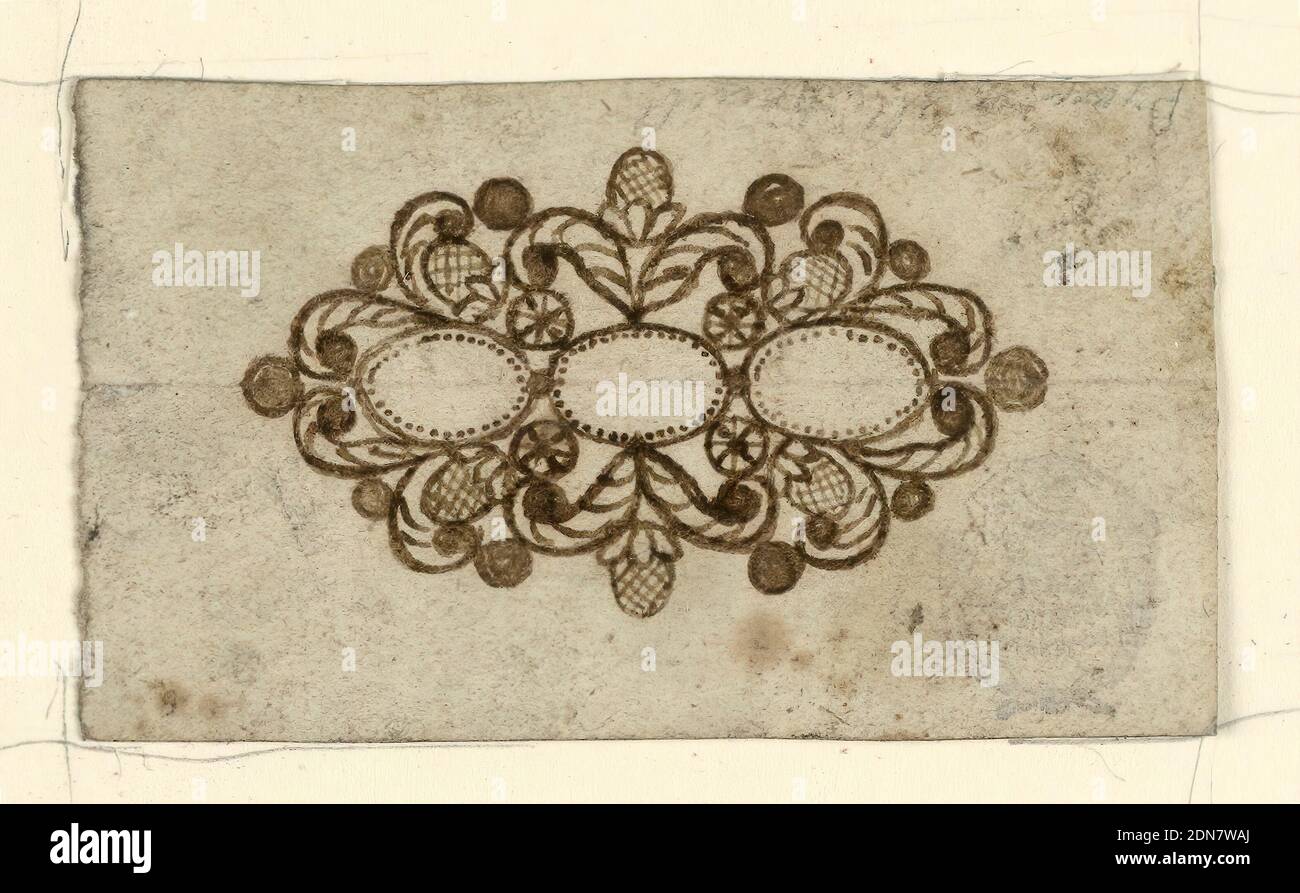 Design for a Brooch, Pen and ink, brush and sepia on paper, Row of three big oval diamonds, framed by leaves and fruits. Recto: accounting., Italy, 1850–75, jewelry, Drawing Stock Photo
