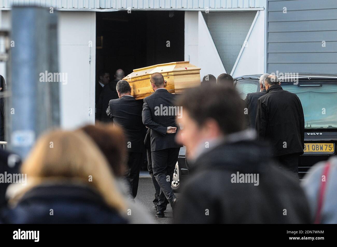 The coffin arriving for the funeral of French cartoonist and Charlie Hebdo editor Stephane 'Charb' Charbonnier, on January 16, 2014 in Pontoise, outside Paris. Twelve people were killed, including cartoonists Charb, Wolinski, Cabu and Tignous and deputy chief editor Bernard Maris when gunmen armed with Kalashnikovs and a rocket-launcher opened fire in the Paris offices of Charlie Hebdo on January 7. Photo by ABACAPRESS.COM Stock Photo