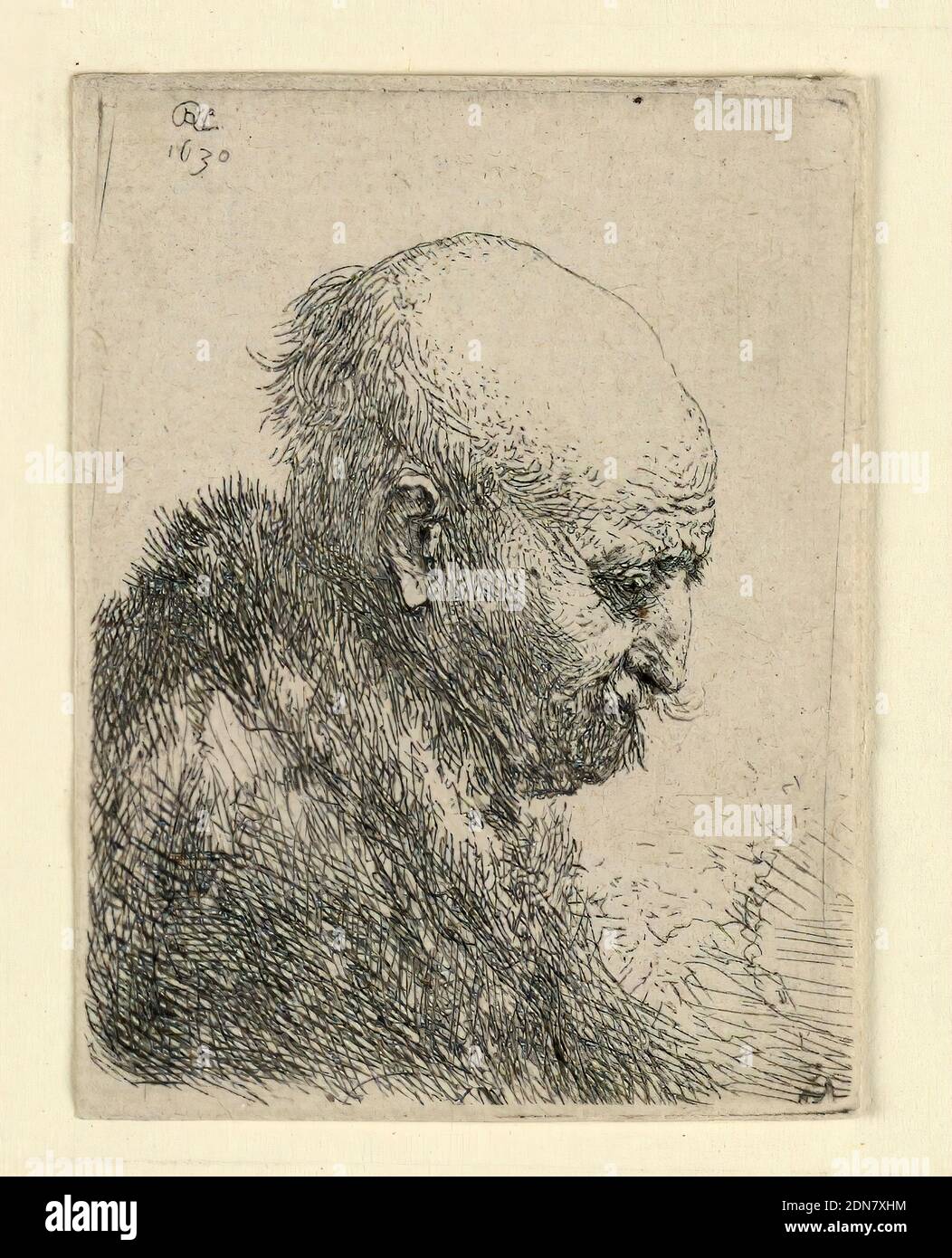 Bald-Headed Man in Profile Right: Small Bust; The Artist's Father?, Rembrandt Harmensz van Rijn, Dutch, 1606–1669, Etching on laid paper, Head of an old man, facing right in profile., Netherlands, 1630, Print Stock Photo
