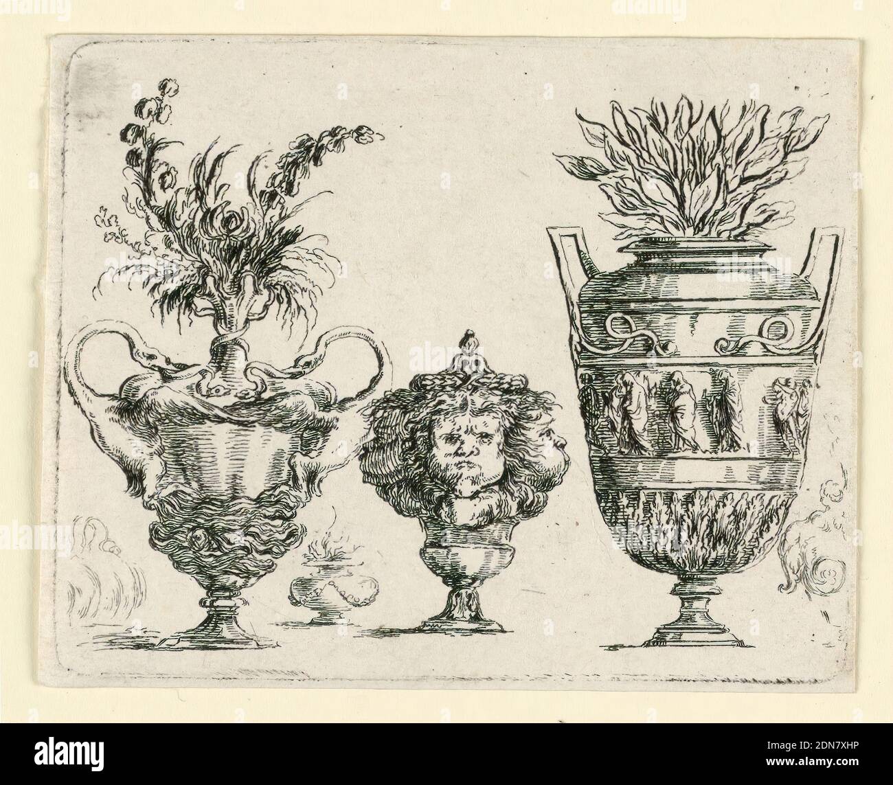 Vases, from Le Blanc 4., Mauro Antonio Tesi, Italian, 1730 - 1766, Stefano della Bella, Italian, 1610–1664, Etching on laid paper, Italy, ca. 1750, metalwork, Print Stock Photo
