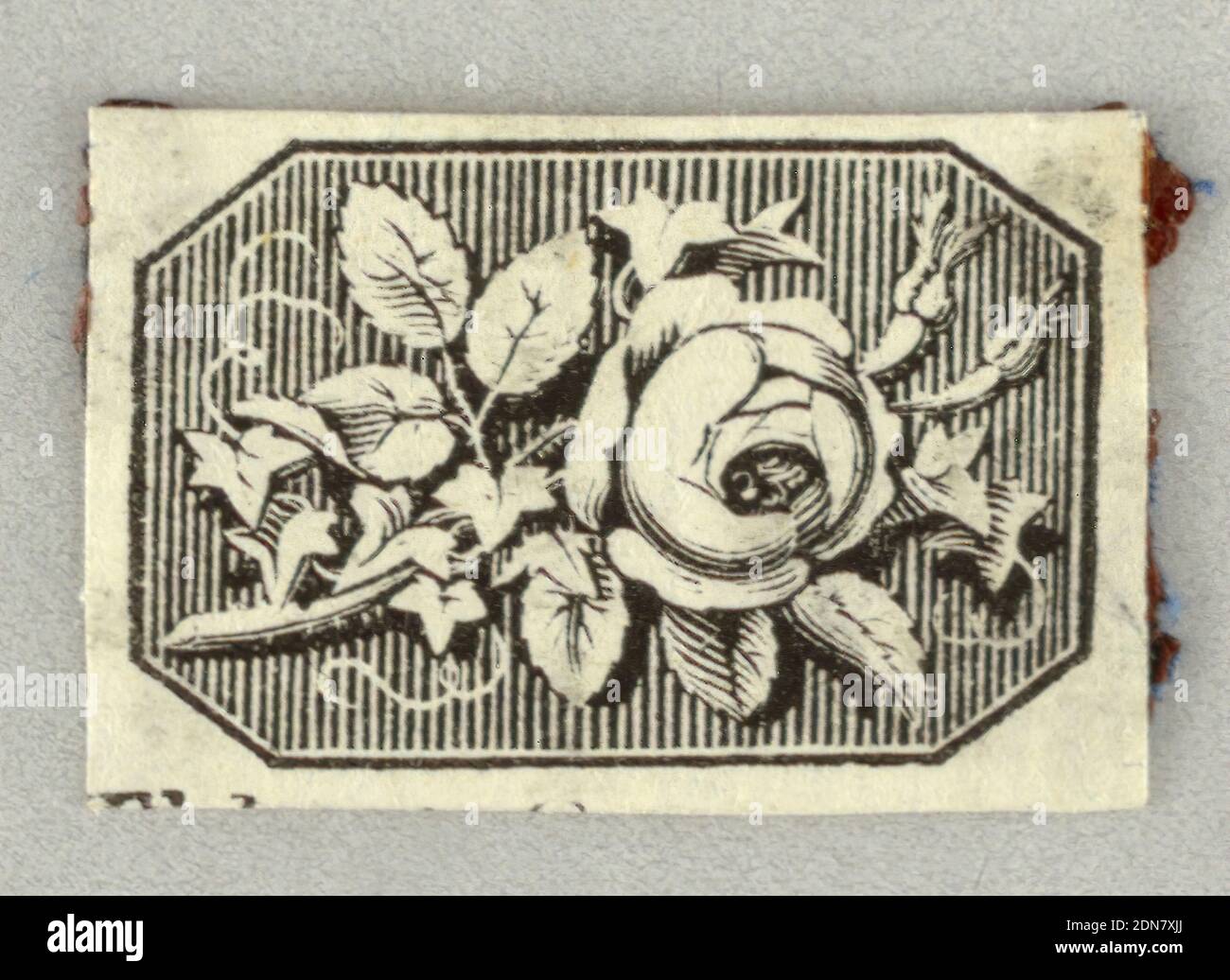 Wood engraving. Vignette., Engraving and etching, Rose bough against hatched, octagonal background, Europe and USA, 1800–1830, Wood engraving. Vignette Stock Photo