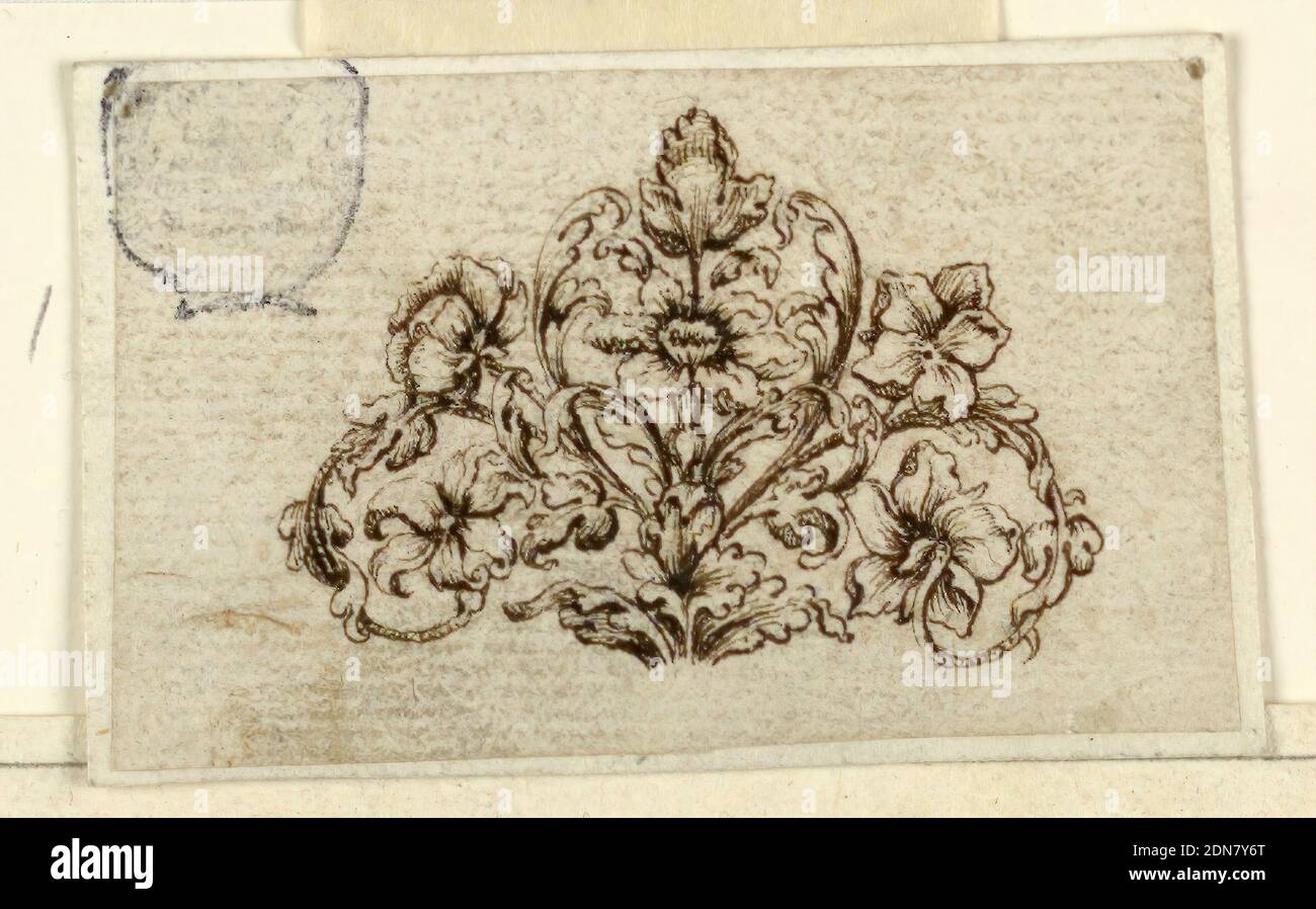 Project for an Engraved Ornament, Black chalk, pen and bistre on paper, A plant with a calyx. The central motif consists of a heart form with leaves outside and a blossom in the center. On either side is a branch curved downwards with a blossom at its end, and a blossom in the angle formed with the heart form., Italy, 1650–1675, jewelry, Drawing Stock Photo