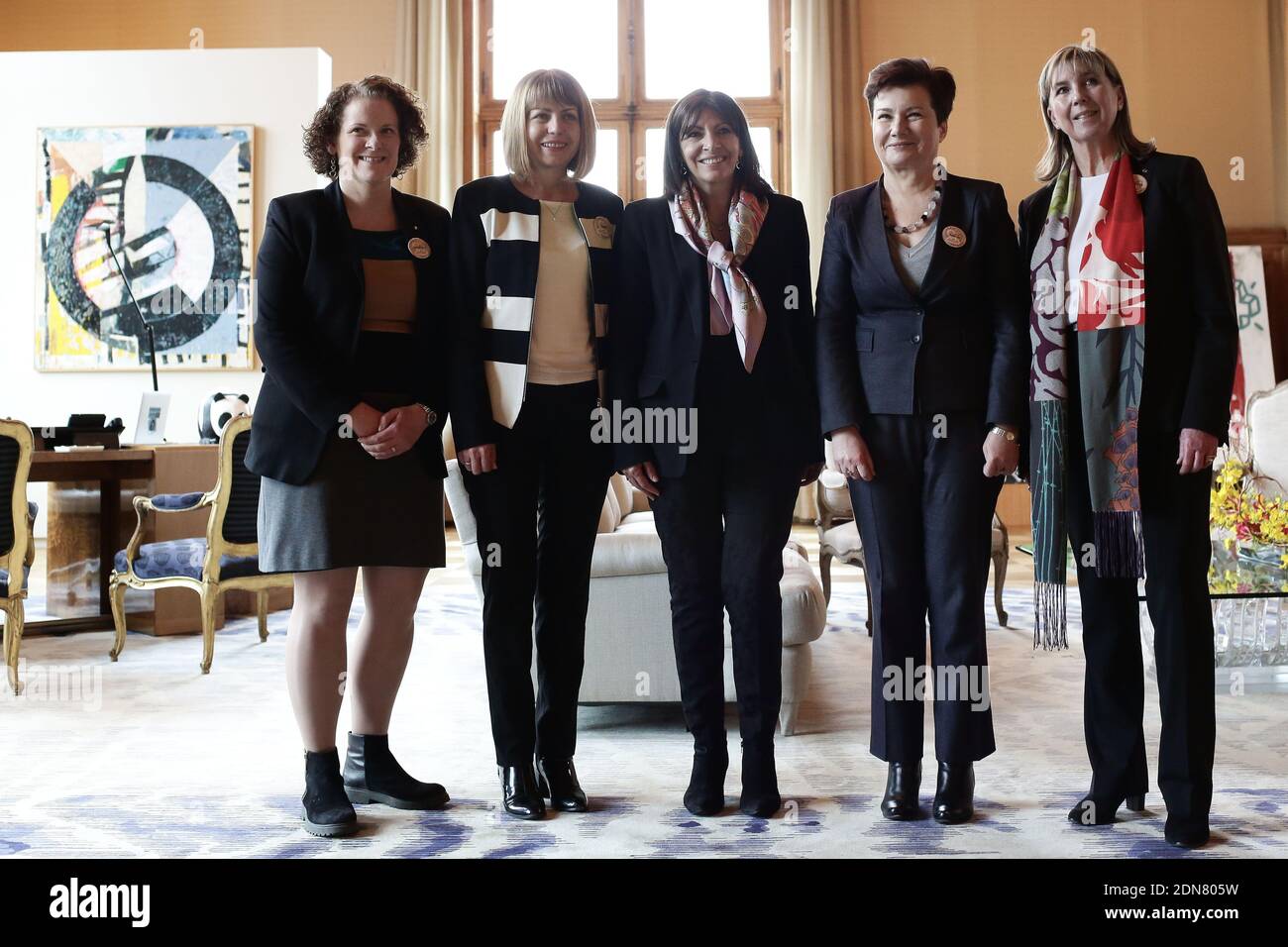 Paris mayor Anne Hidalgo (C) poses for a family photo in her Hotel de Ville offices with other European women mayors, (L-R) Karin Wanngard from Stockholm, Sweden, Jordanka Fandakova from Sofia, Bulgaria, Hanna Gronkiewicz from Warsaw, Poland and Lydie Polfer-Wurth from Luxembourg, at the end of the Summit of European Mayors for Climate, ahead of the United Nations Climate Change Conference, COP21 to be held at Le Bourget site near Paris from 30 November to 11 December 2015, in Paris, France on March 26, 2015. Photo by Stephane Lemouton/ABACAPRESS.COM Stock Photo