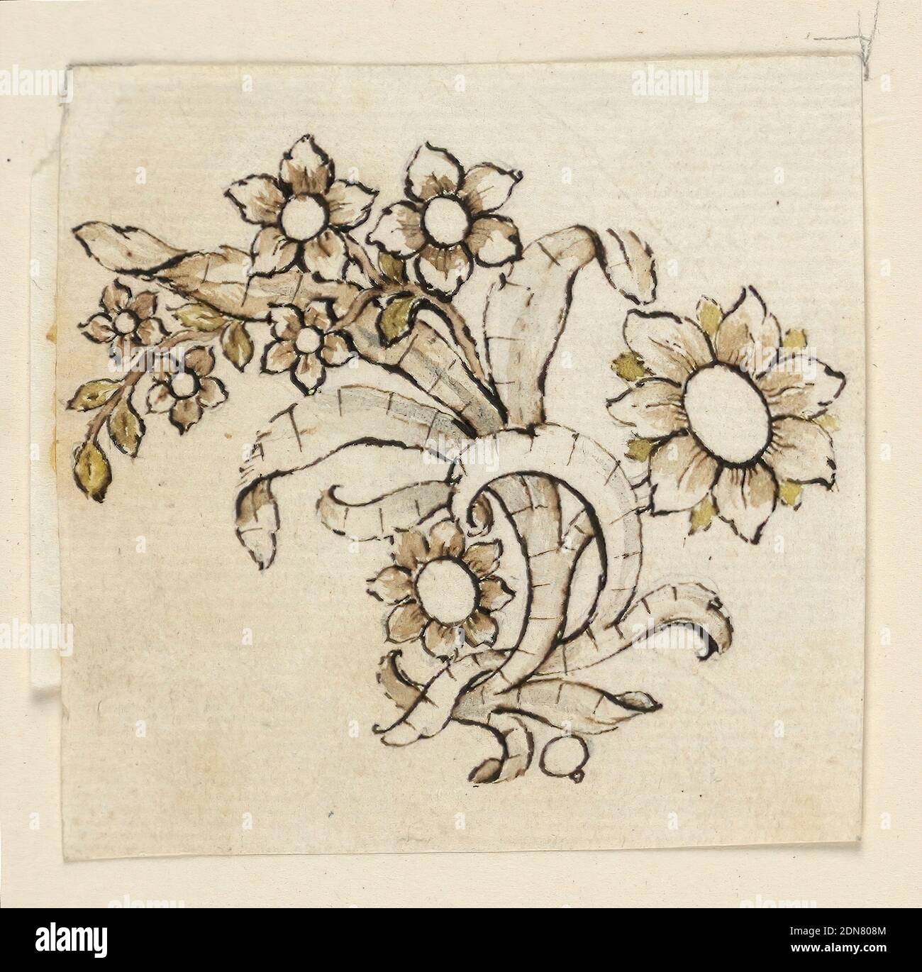 Design for a Brooch, Pen and sepia ink, brush and olive watercolor on paper, Jewelry design for a brooch. A flower branch with an interlaced ribbon. A big blossom is at right, smaller blossoms on vine at upper and lower left., Italy, mid- 18th century, jewelry, Drawing Stock Photo