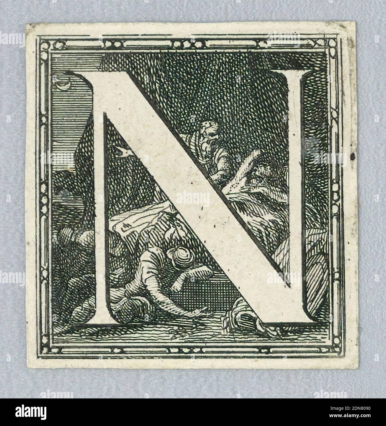 Decorated Inititial 'N', Engraving on paper, France, Europe, 18th century, Print Stock Photo