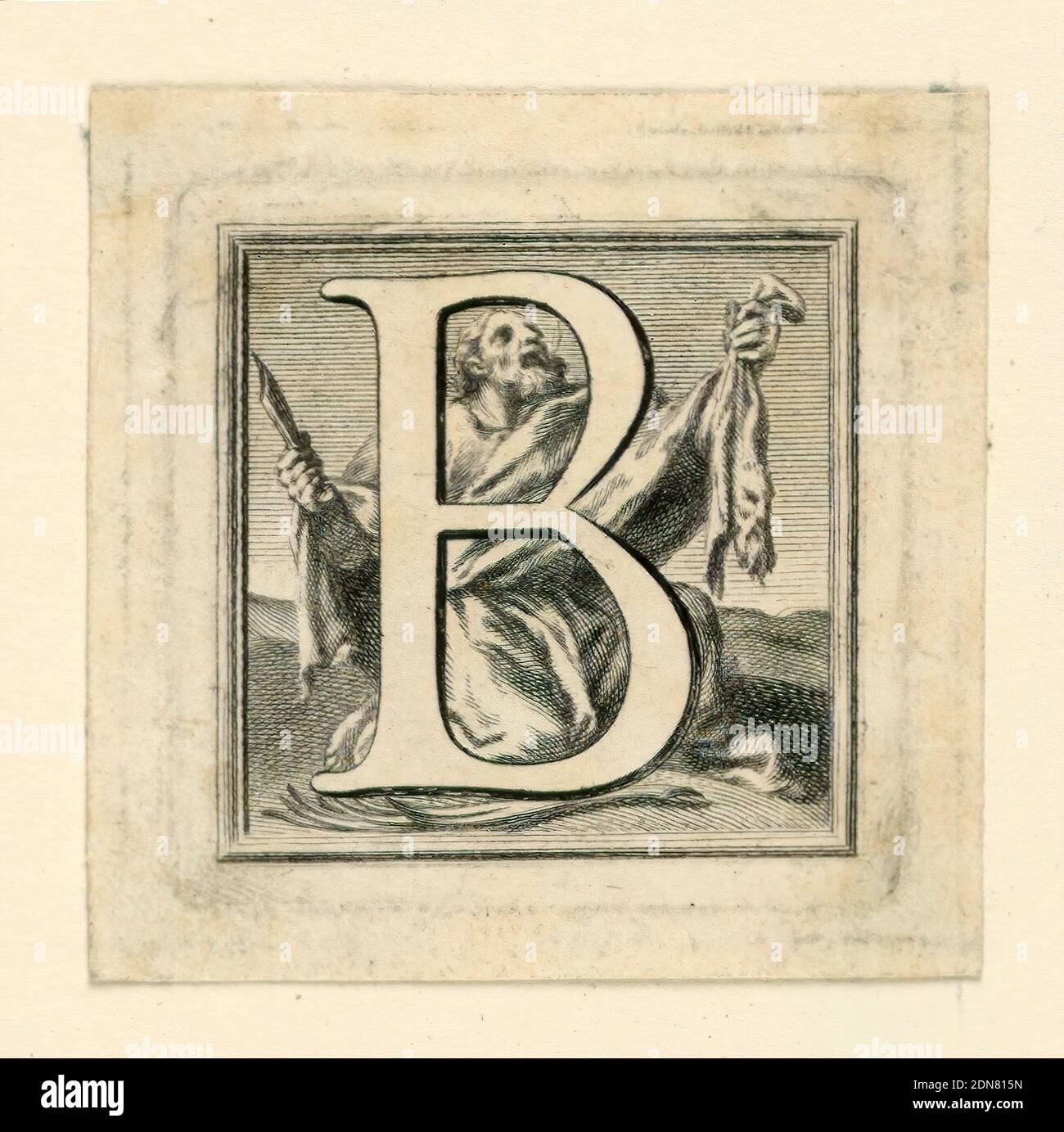 Decorated Capital Letter B, Jakob Frey, Swiss, active Italy, 1681 - 1752, Giovanni Passari, Italian, Engraving on paper, Letter 'B' standing before St. Bartholomew, who kneels, carrying knife and skin., Rome, Italy, 1715, ephemera, Engraving, Engraving Stock Photo