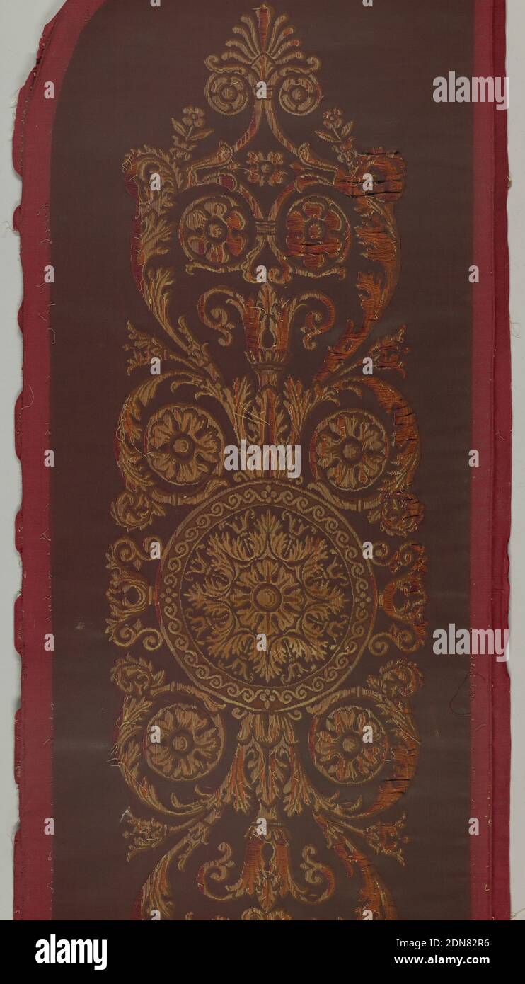 Textile, Medium: wool Technique: tapestry weave, Fragments of upholstery fabric in reddish-brown with isolated motifs in dull yellow. Motifs consist of rosettes, palmettes, and leafy arabesques., England, 1820–1830, woven textiles, Textile Stock Photo