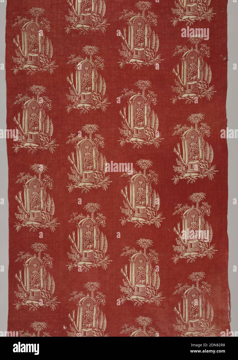 Textile, Medium: cotton Technique: block printed on plain weave, Design of a well in offset repeat. Reserved white on red., France, 1795–1810, printed, dyed & painted textiles, Textile Stock Photo