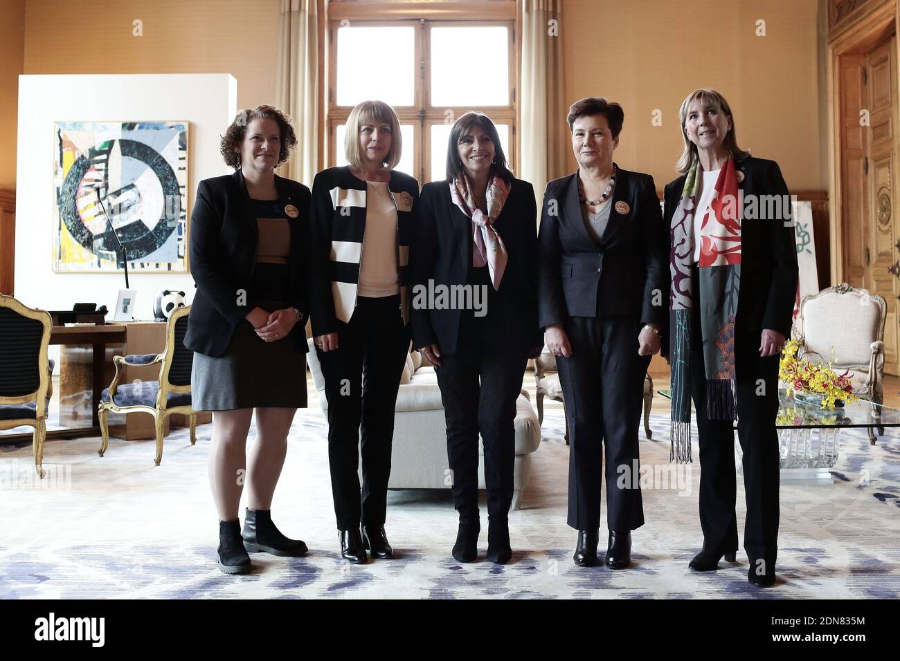 Paris mayor Anne Hidalgo (C) poses for a family photo in her Hotel de Ville offices with other European women mayors, (L-R) Karin Wanngard from Stockholm, Sweden, Jordanka Fandakova from Sofia, Bulgaria, Hanna Gronkiewicz from Warsaw, Poland and Lydie Polfer-Wurth from Luxembourg, at the end of the Summit of European Mayors for Climate, ahead of the United Nations Climate Change Conference, COP21 to be held at Le Bourget site near Paris from 30 November to 11 December 2015, in Paris, France on March 26, 2015. Photo by Stephane Lemouton/ABACAPRESS.COM Stock Photo